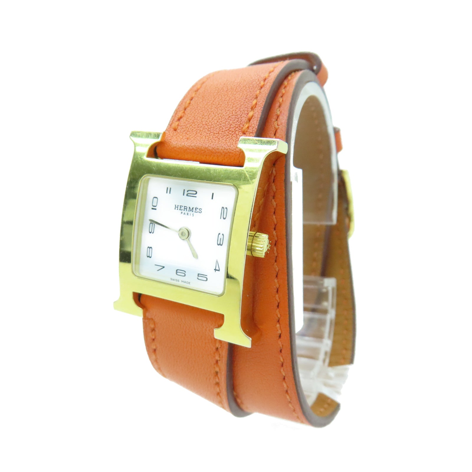 HERMES H watch鍍金/Swift皮革帶手錶石英機芯橙色