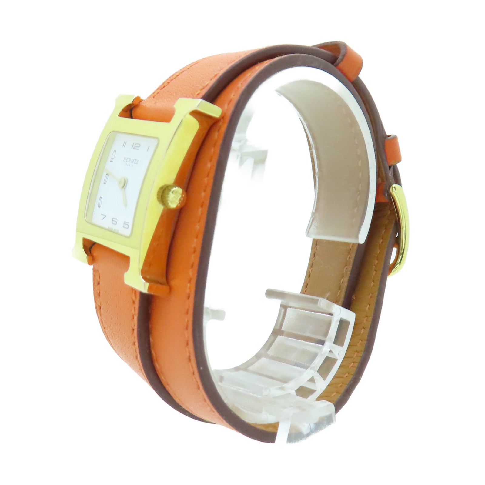 HERMES H watch鍍金/Swift皮革帶手錶石英機芯橙色