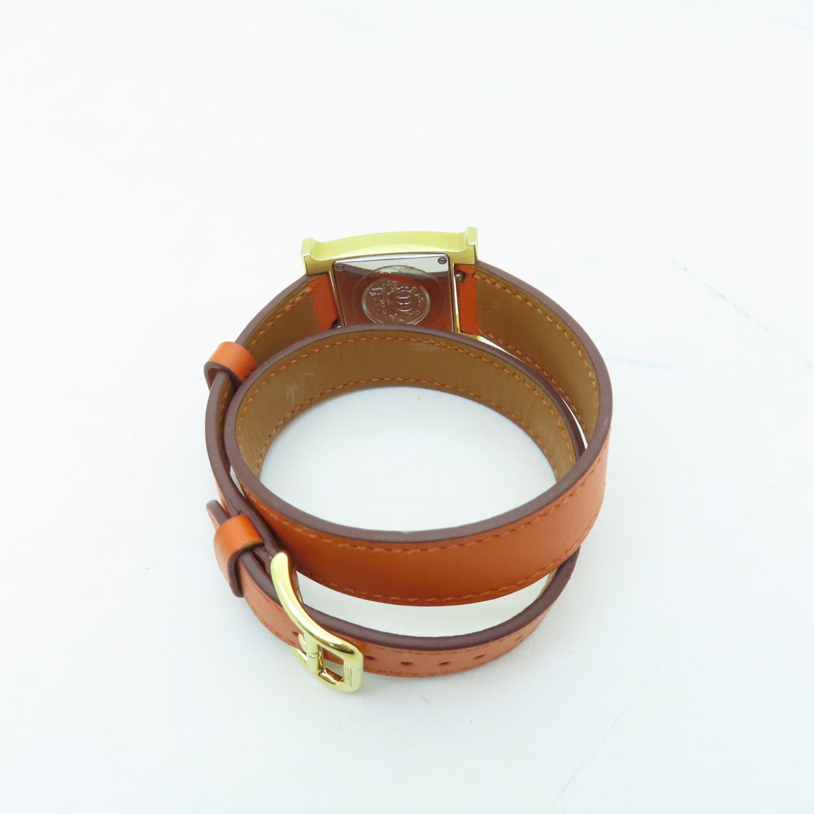 HERMES H watch鍍金/Swift皮革帶手錶石英機芯橙色