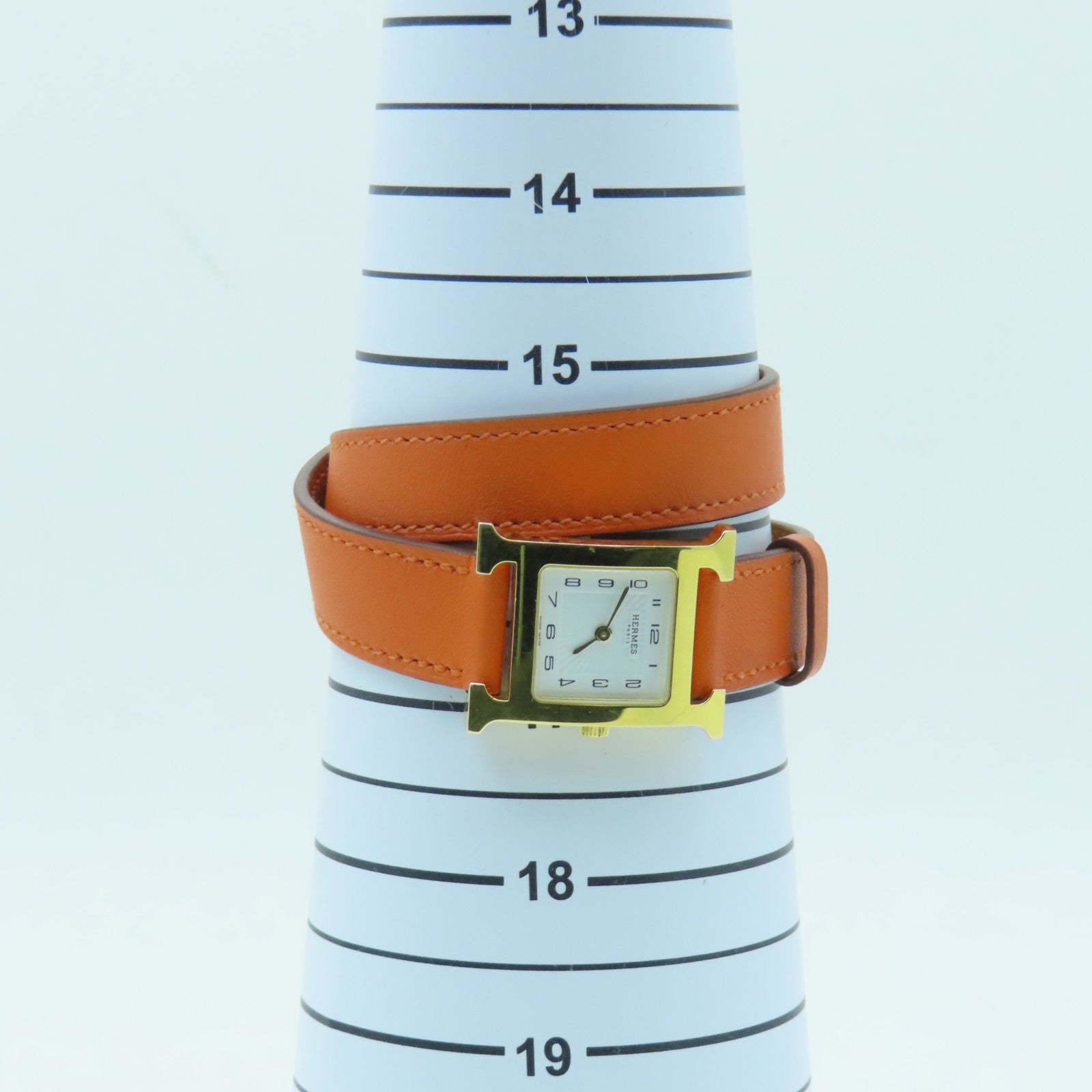 HERMES H watch鍍金/Swift皮革帶手錶石英機芯橙色