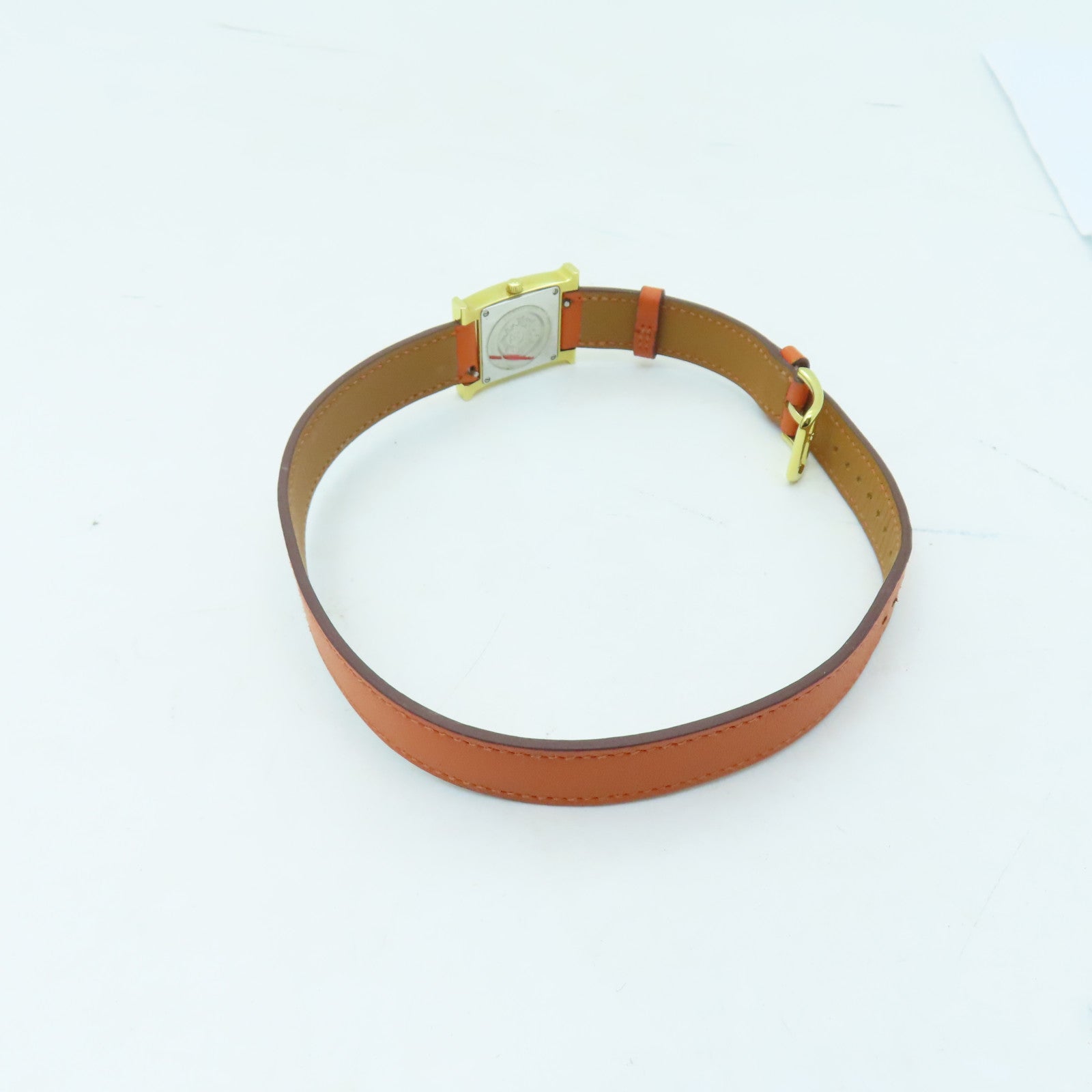 HERMES H watch鍍金/Swift皮革帶手錶石英機芯橙色