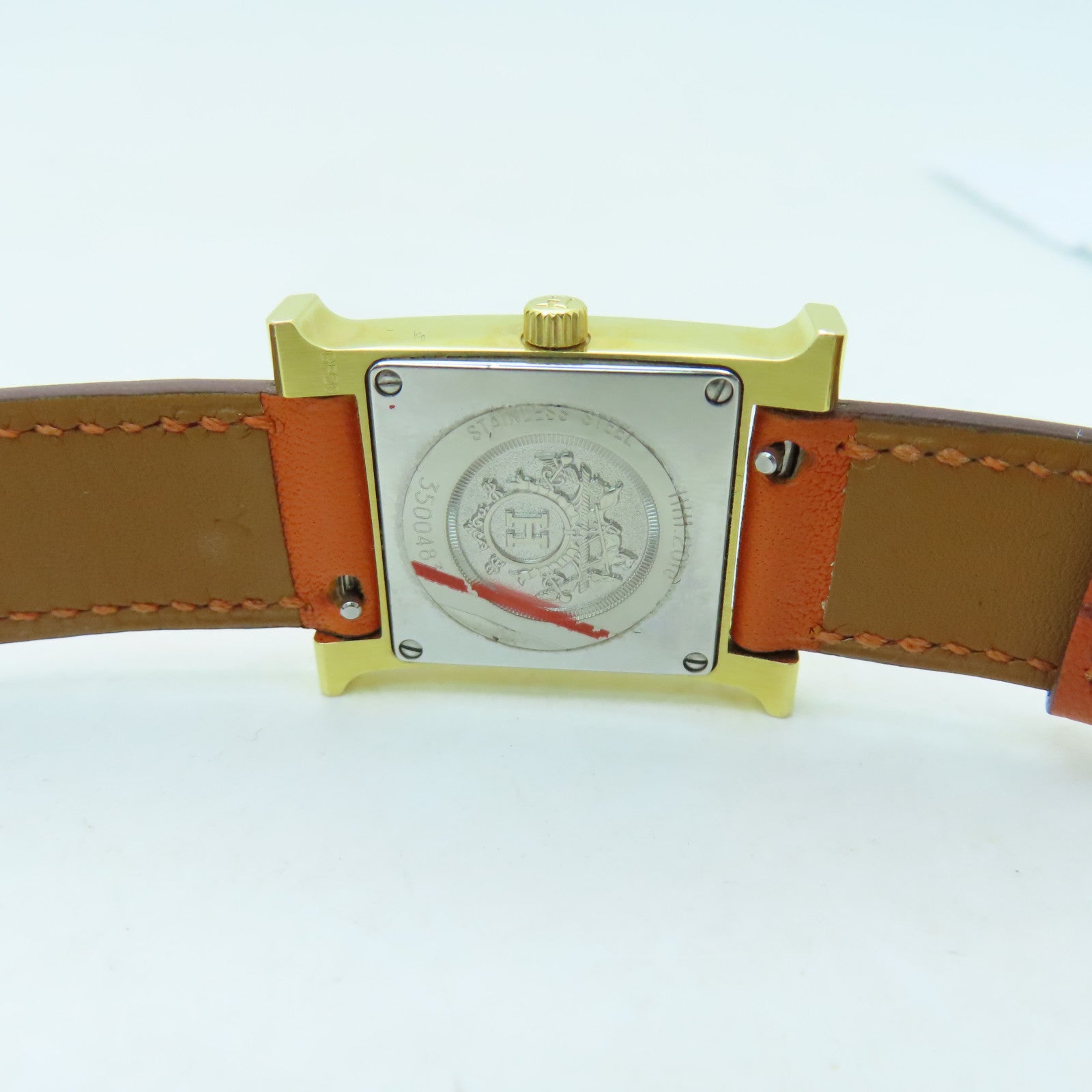 HERMES H watch鍍金/Swift皮革帶手錶石英機芯橙色