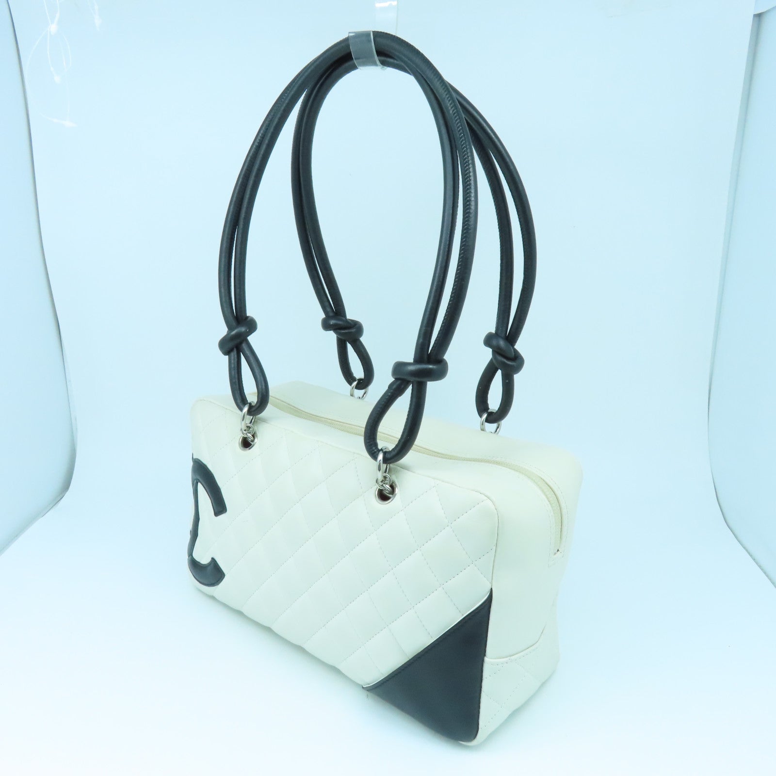 CHANEL Rhombus Calfskin Leather Cambon Silver Buckle Shoulder Bag White/Black