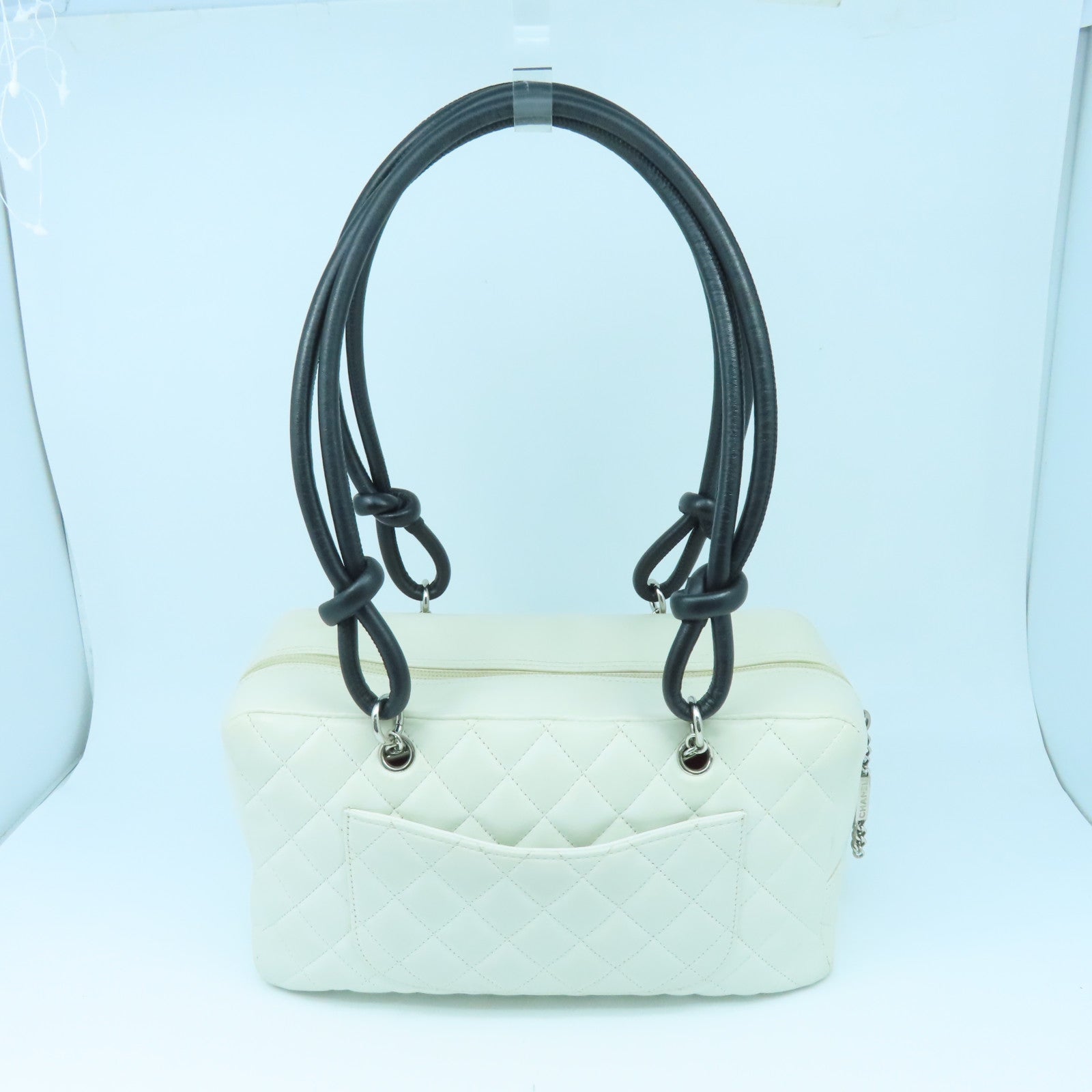 CHANEL Rhombus Calfskin Leather Cambon Silver Buckle Shoulder Bag White/Black