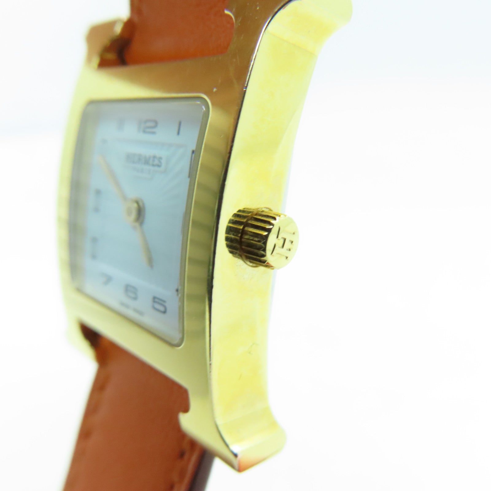 HERMES H watch鍍金/Swift皮革帶手錶石英機芯橙色