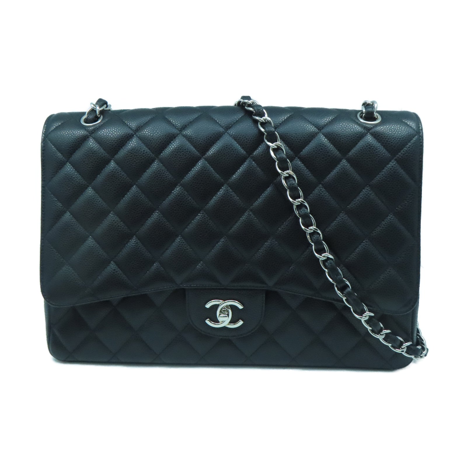 CHANEL Caviar Leather Maxi Silver Buckle Handle Shoulder Bag Black