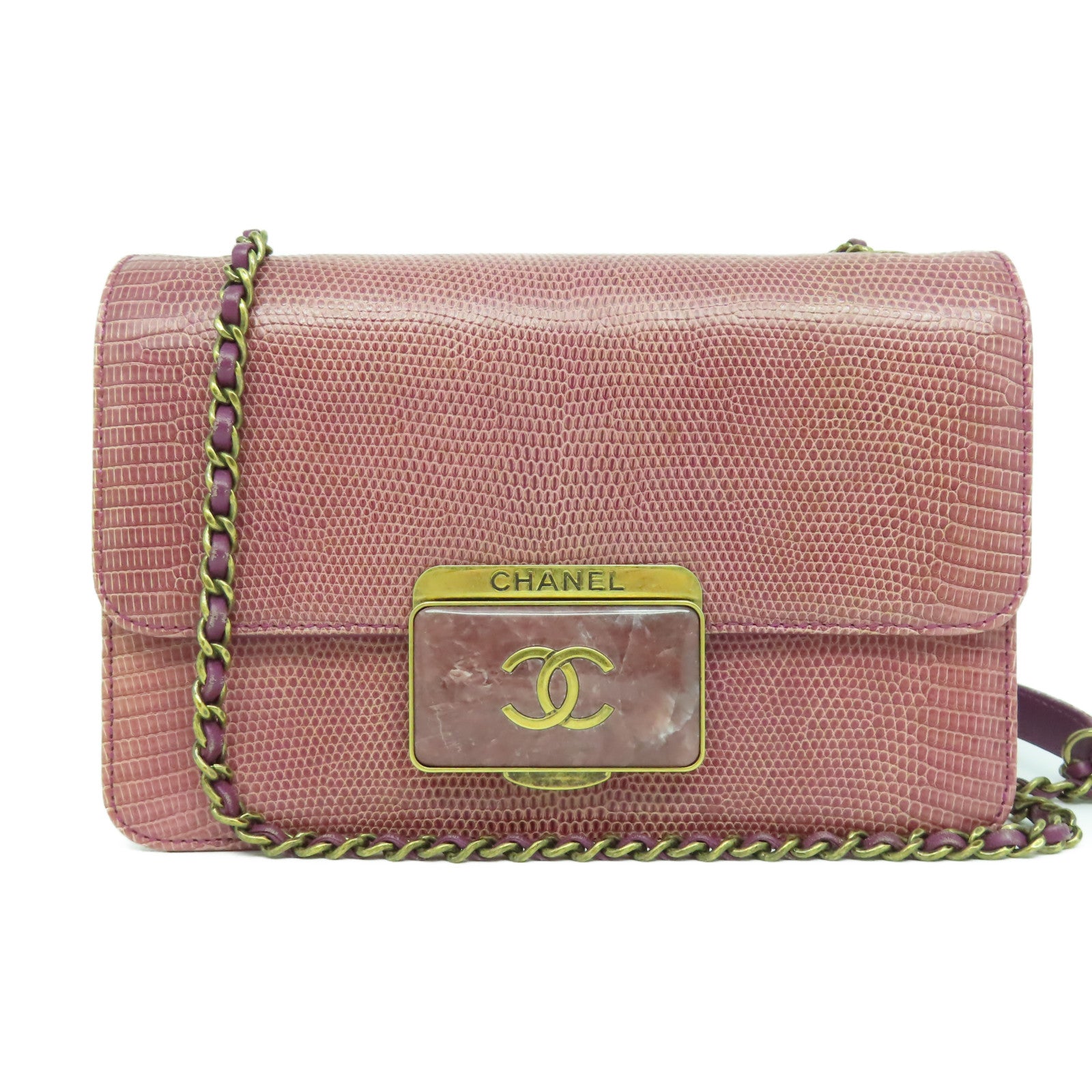 CHANEL 蜥蝪皮革Chain Shoulder金扣鏈帶肩背袋紫色