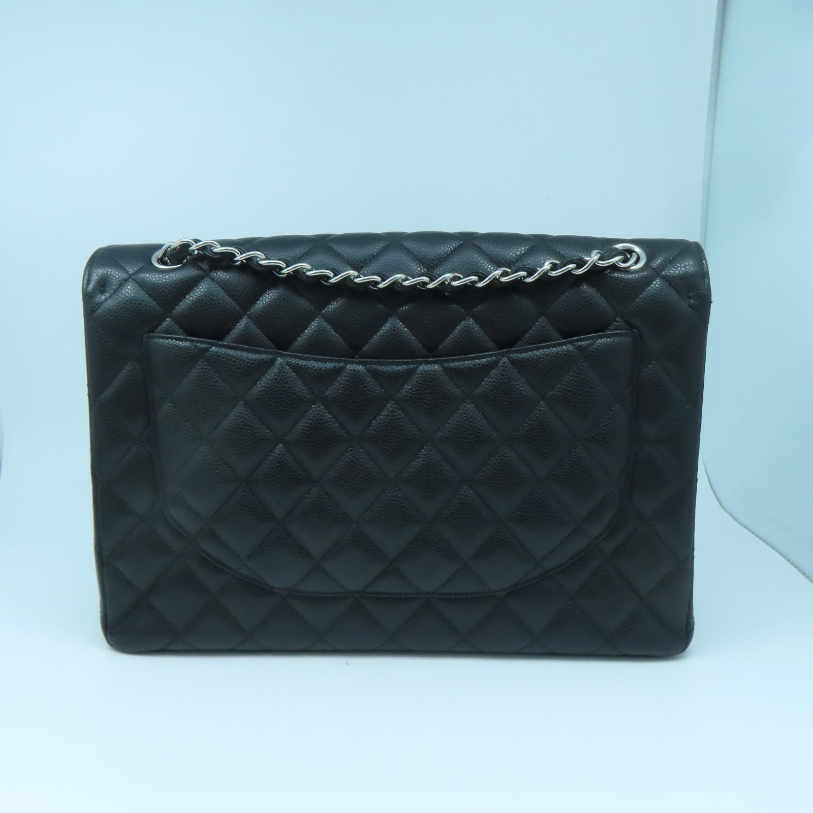 CHANEL Caviar Leather Maxi Silver Buckle Handle Shoulder Bag Black