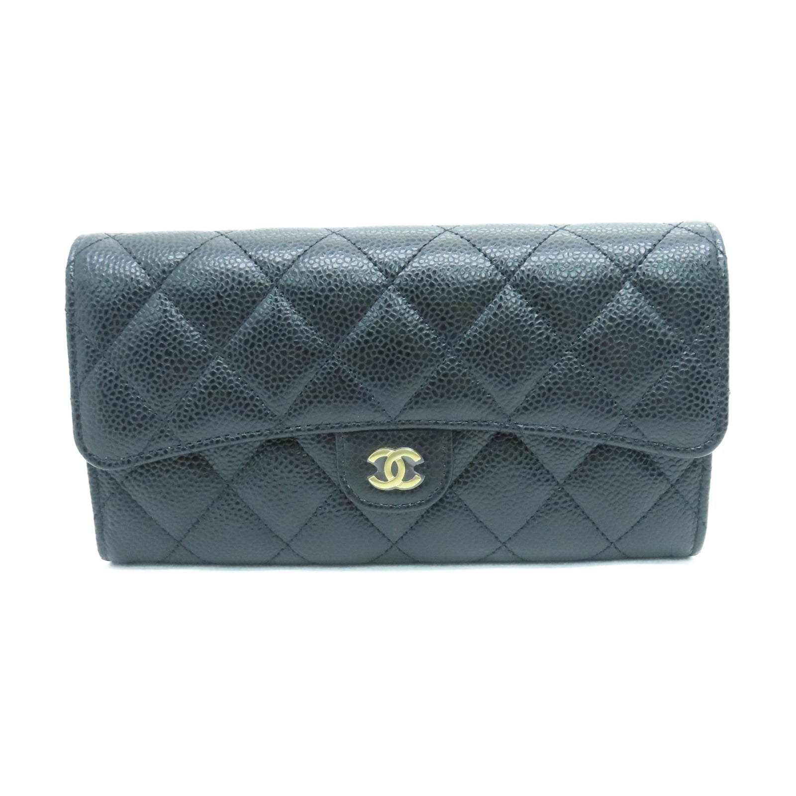 CHANEL 菱格Caviar皮革Wallet銀扣長錢包黑色