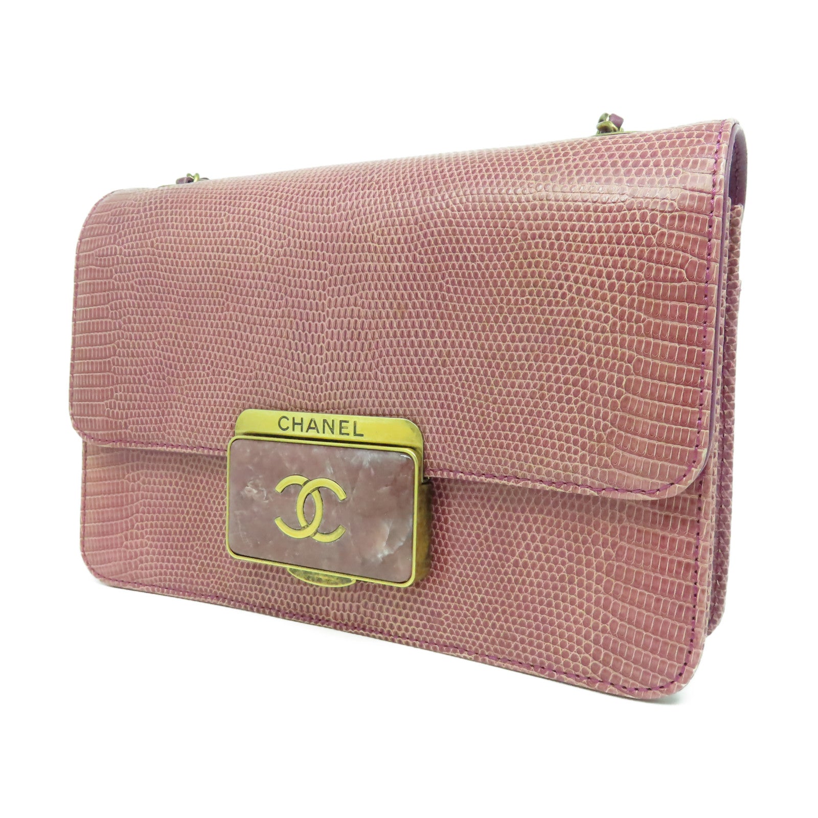 CHANEL 蜥蝪皮革Chain Shoulder金扣鏈帶肩背袋紫色