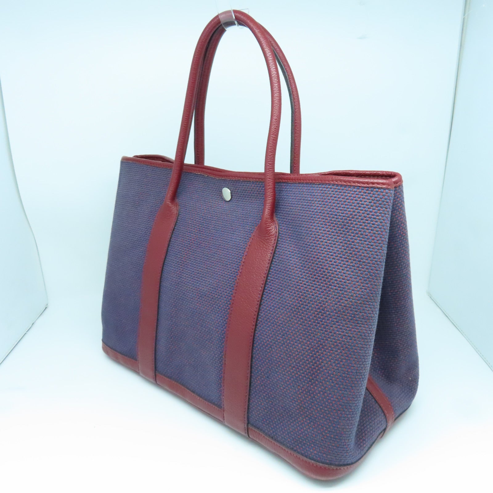 HERMES Toile H帆布Garden Party PM银扣手挽袋波尔多酒红