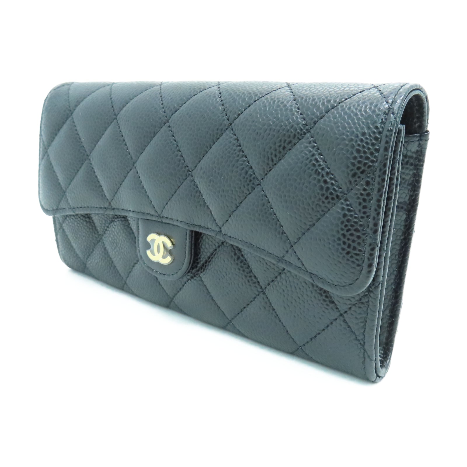 CHANEL 菱格Caviar皮革Wallet銀扣長錢包黑色