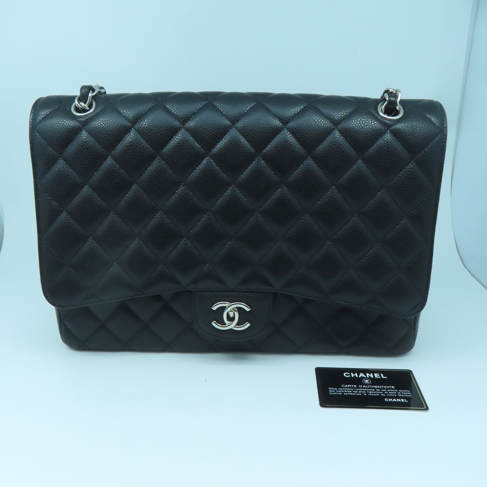 CHANEL Caviar Leather Maxi Silver Buckle Handle Shoulder Bag Black