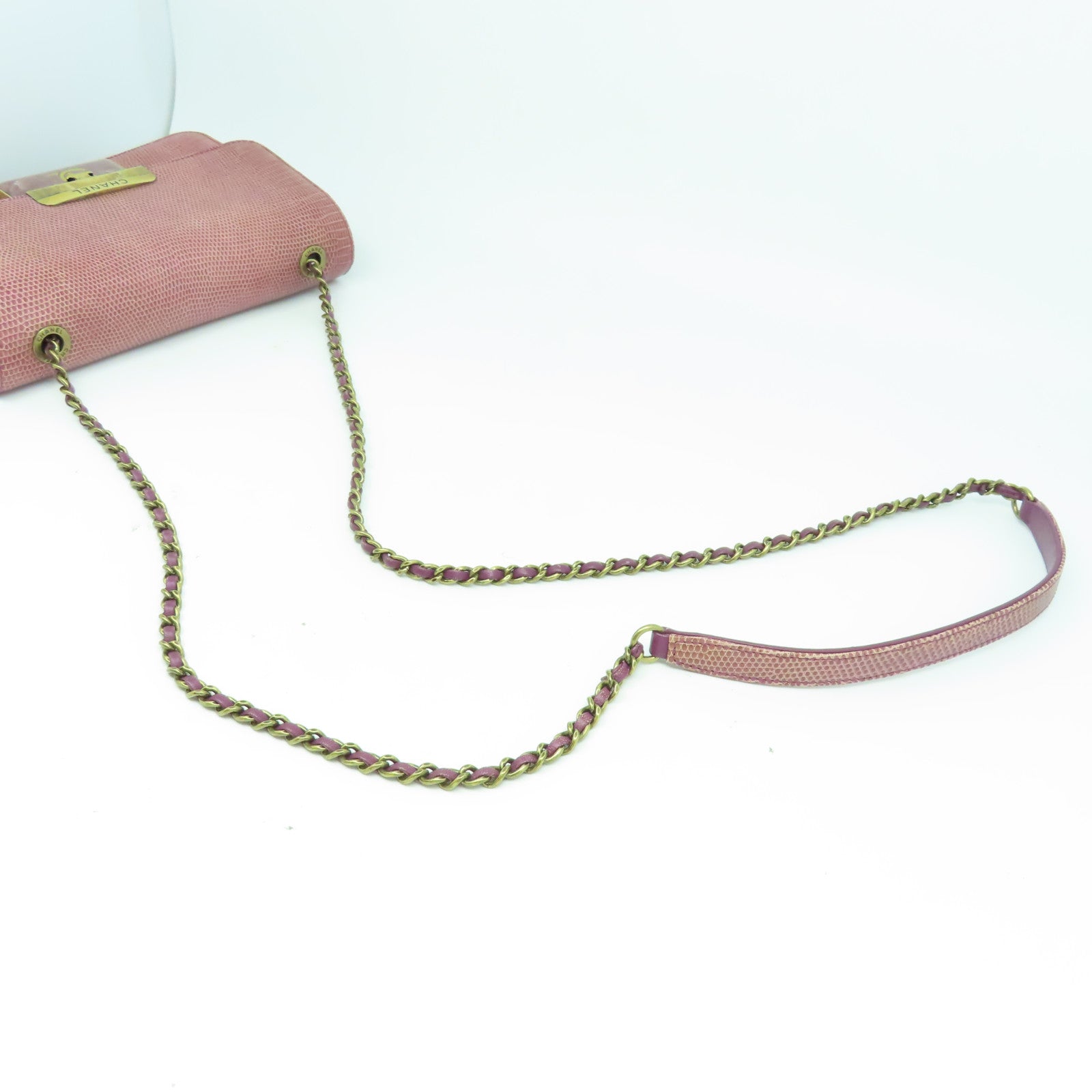 CHANEL 蜥蝪皮革Chain Shoulder金扣鏈帶肩背袋紫色