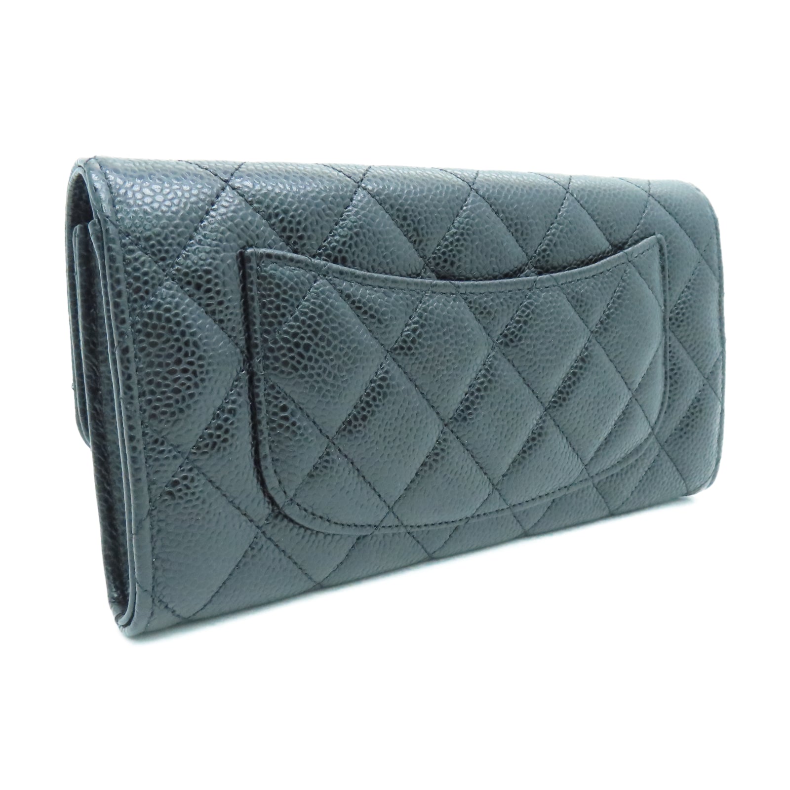 CHANEL 菱格Caviar皮革Wallet銀扣長錢包黑色