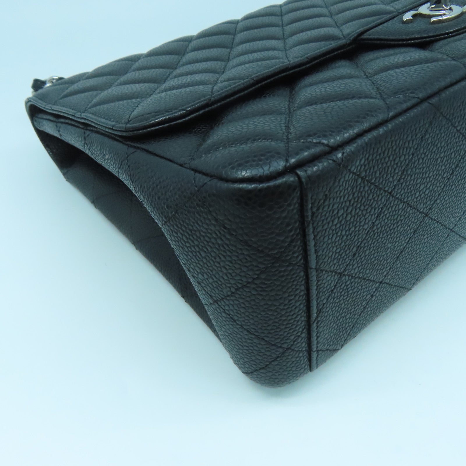 CHANEL Caviar Leather Maxi Silver Buckle Handle Shoulder Bag Black