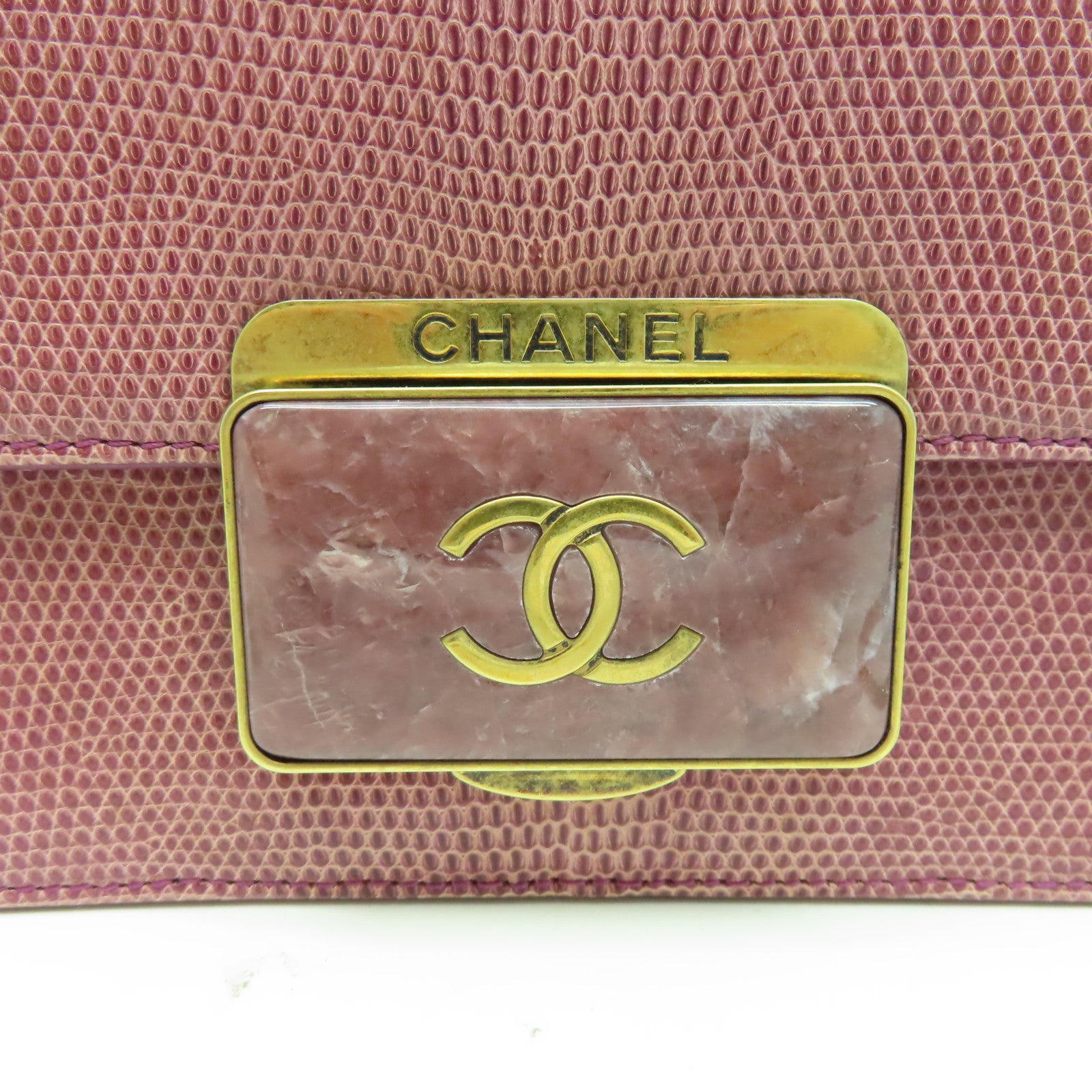 CHANEL 蜥蝪皮革Chain Shoulder金扣鏈帶肩背袋紫色