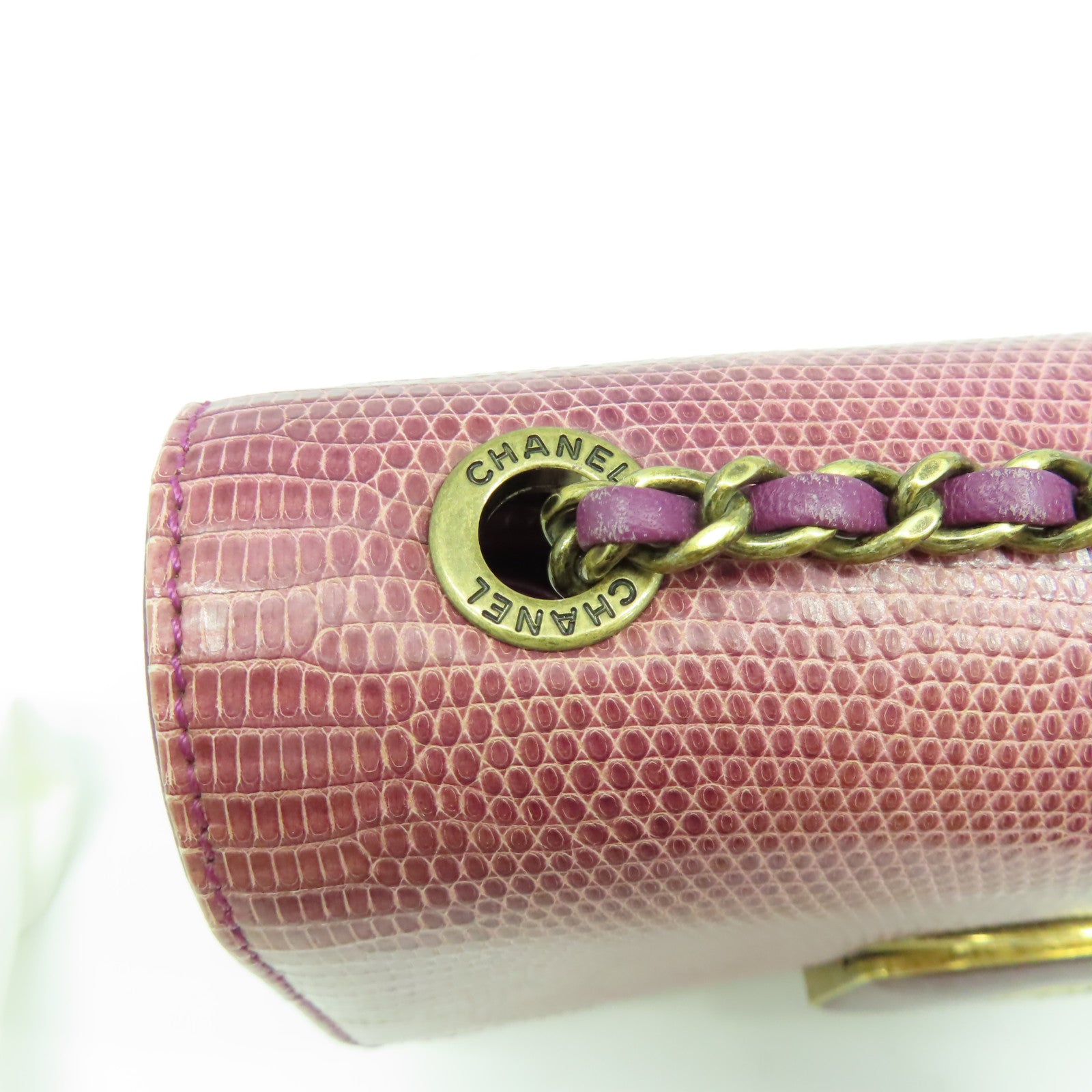 CHANEL 蜥蝪皮革Chain Shoulder金扣鏈帶肩背袋紫色