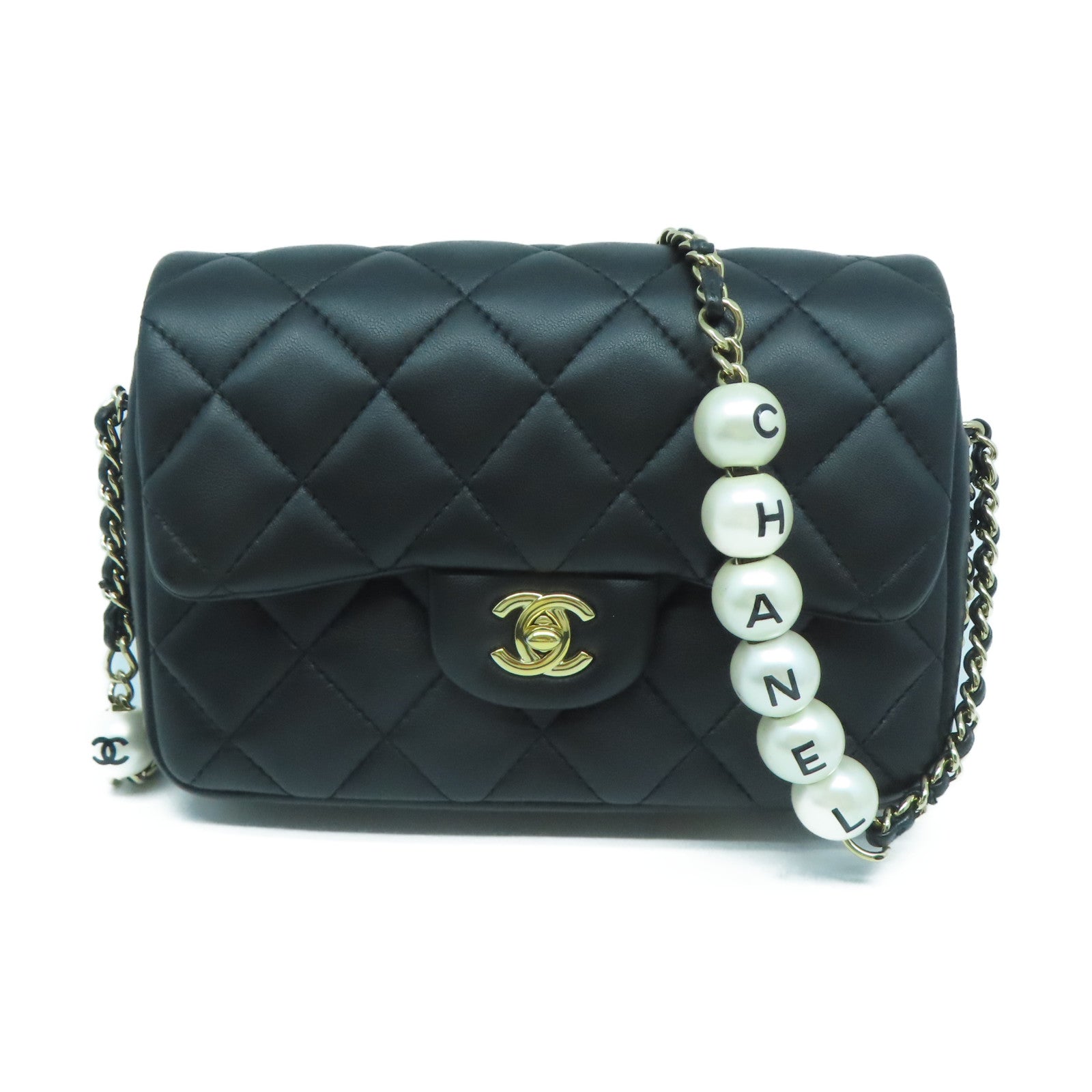 CHANEL 菱格羊皮皮革Chain Shoulder金扣鏈帶肩背袋黑色