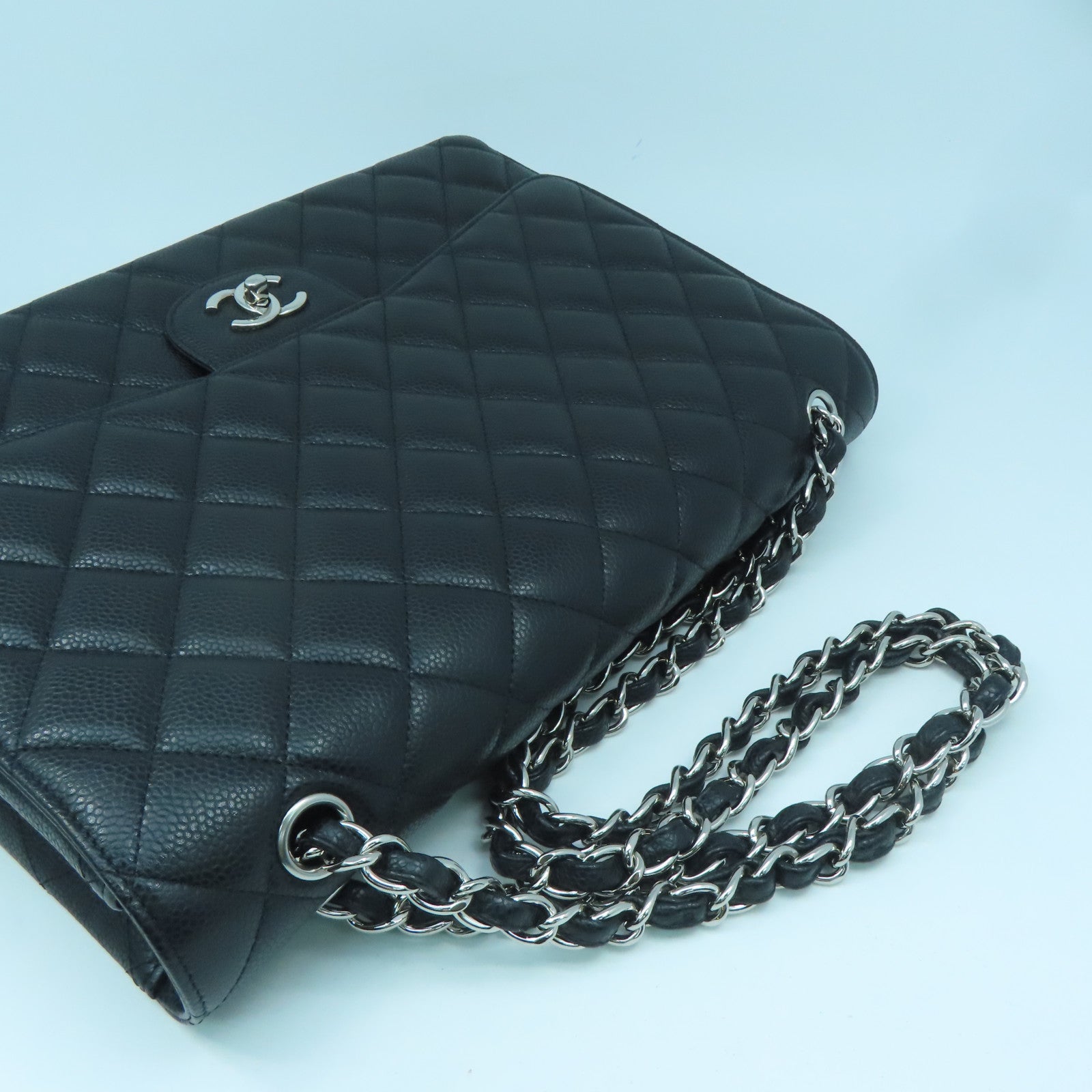 CHANEL Caviar Leather Maxi Silver Buckle Handle Shoulder Bag Black