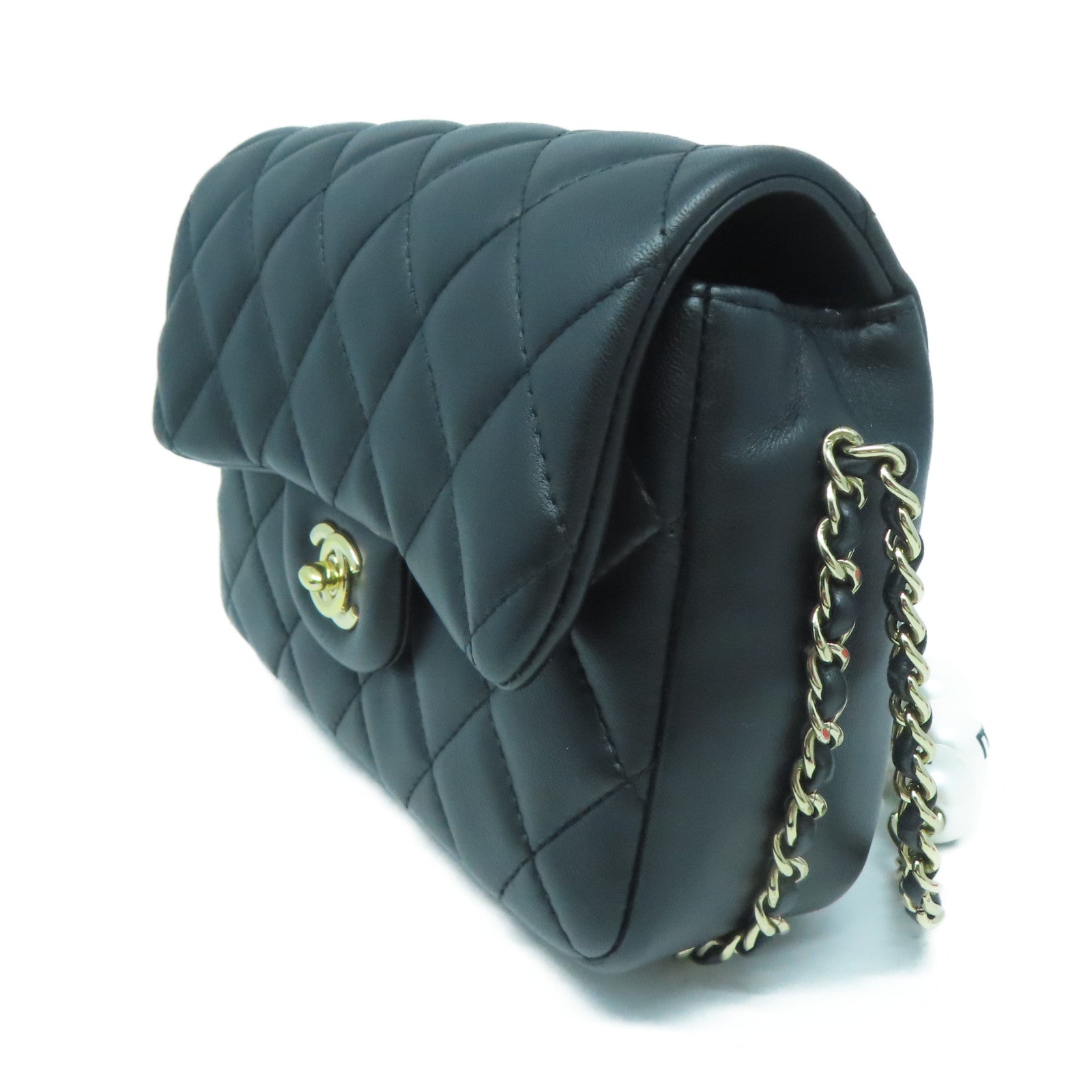 CHANEL 菱格羊皮皮革Chain Shoulder金扣鏈帶肩背袋黑色