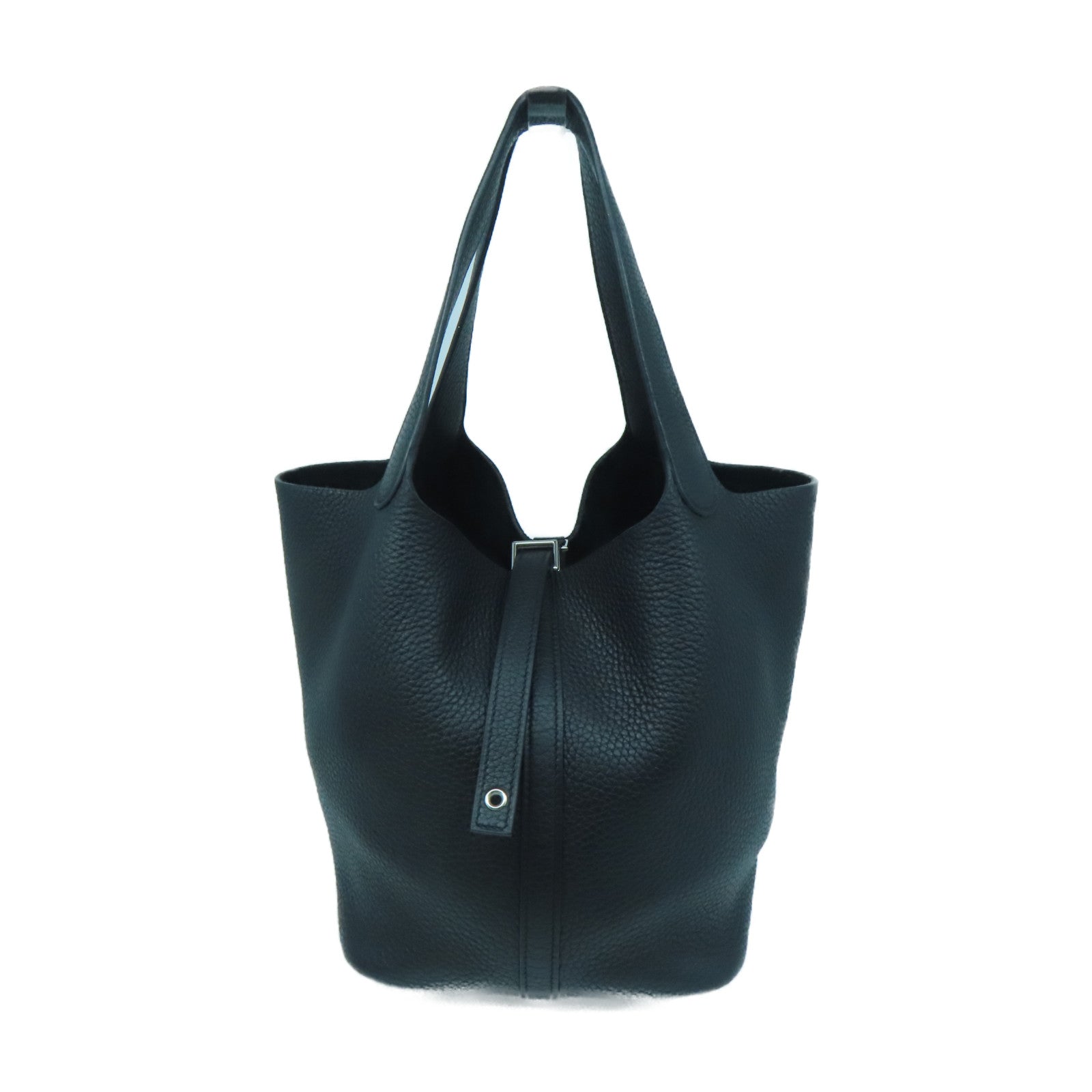 HERMES Clemence Leather Picotin MM Silver Buckle Handle Bag Black