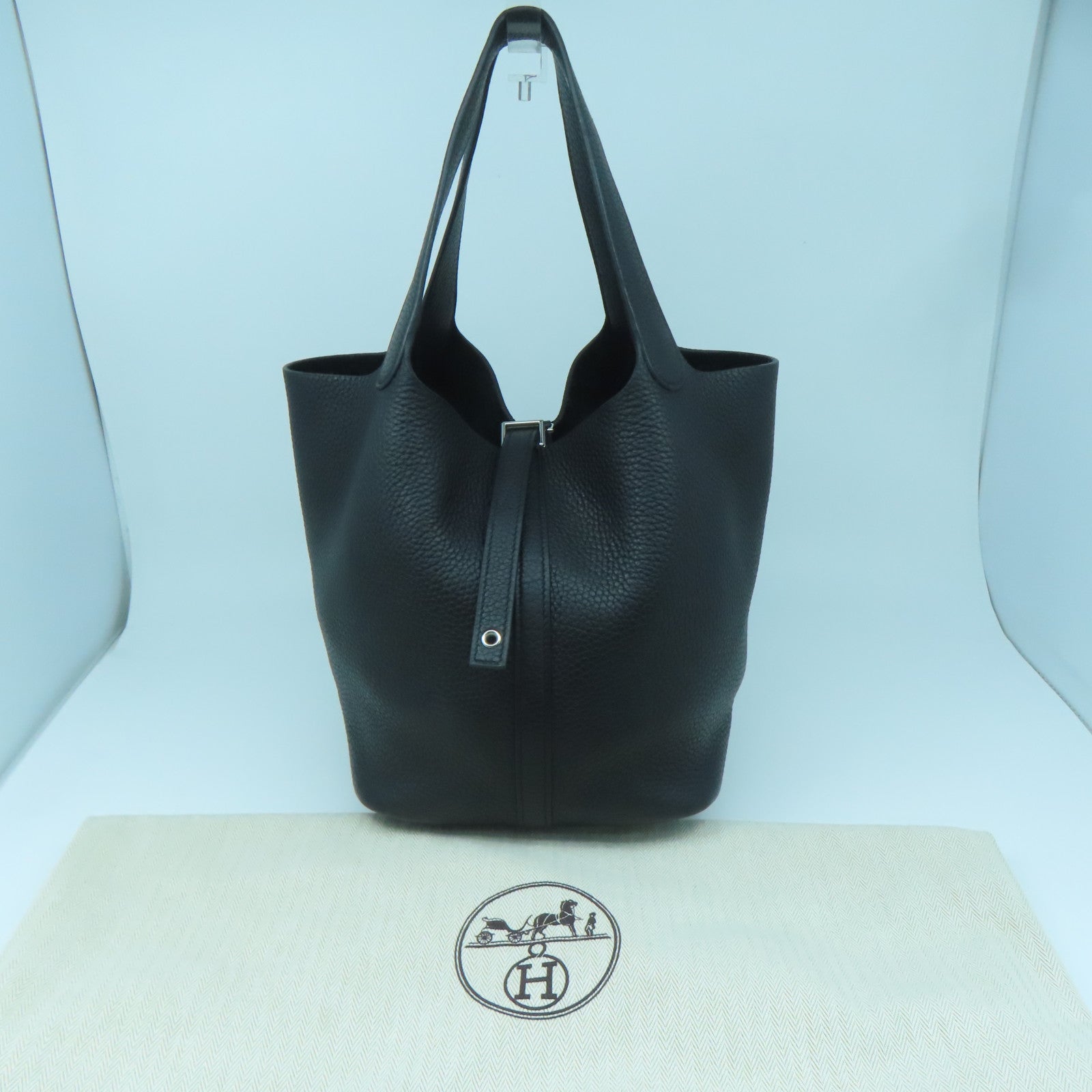 HERMES Clemence Leather Picotin MM Silver Buckle Handle Bag Black