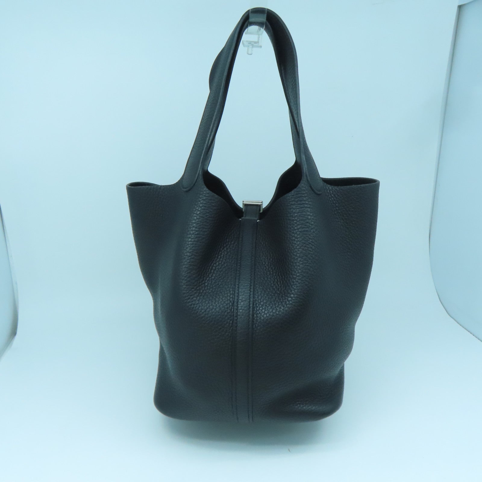 HERMES Clemence Leather Picotin MM Silver Buckle Handle Bag Black
