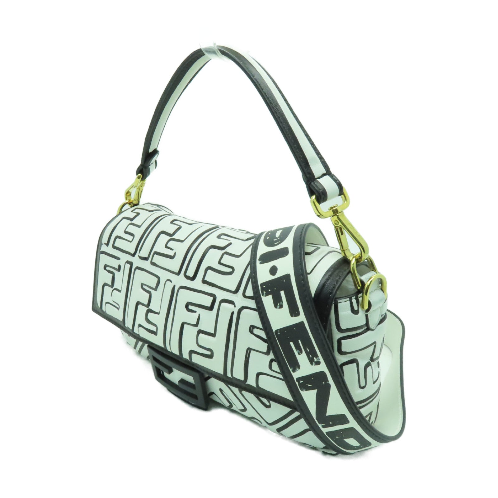 FENDI 皮革2 Way Shoulder金扣手挽肩背兩用袋白色/黑色