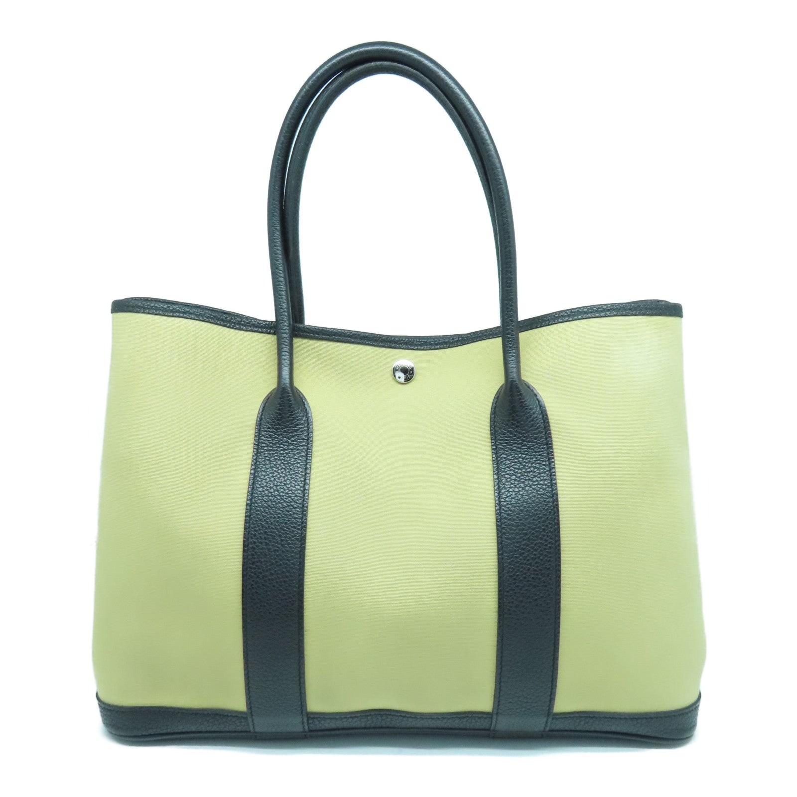 HERMES 帆布Garden Party PM銀扣手挽袋風衣卡其/黑色