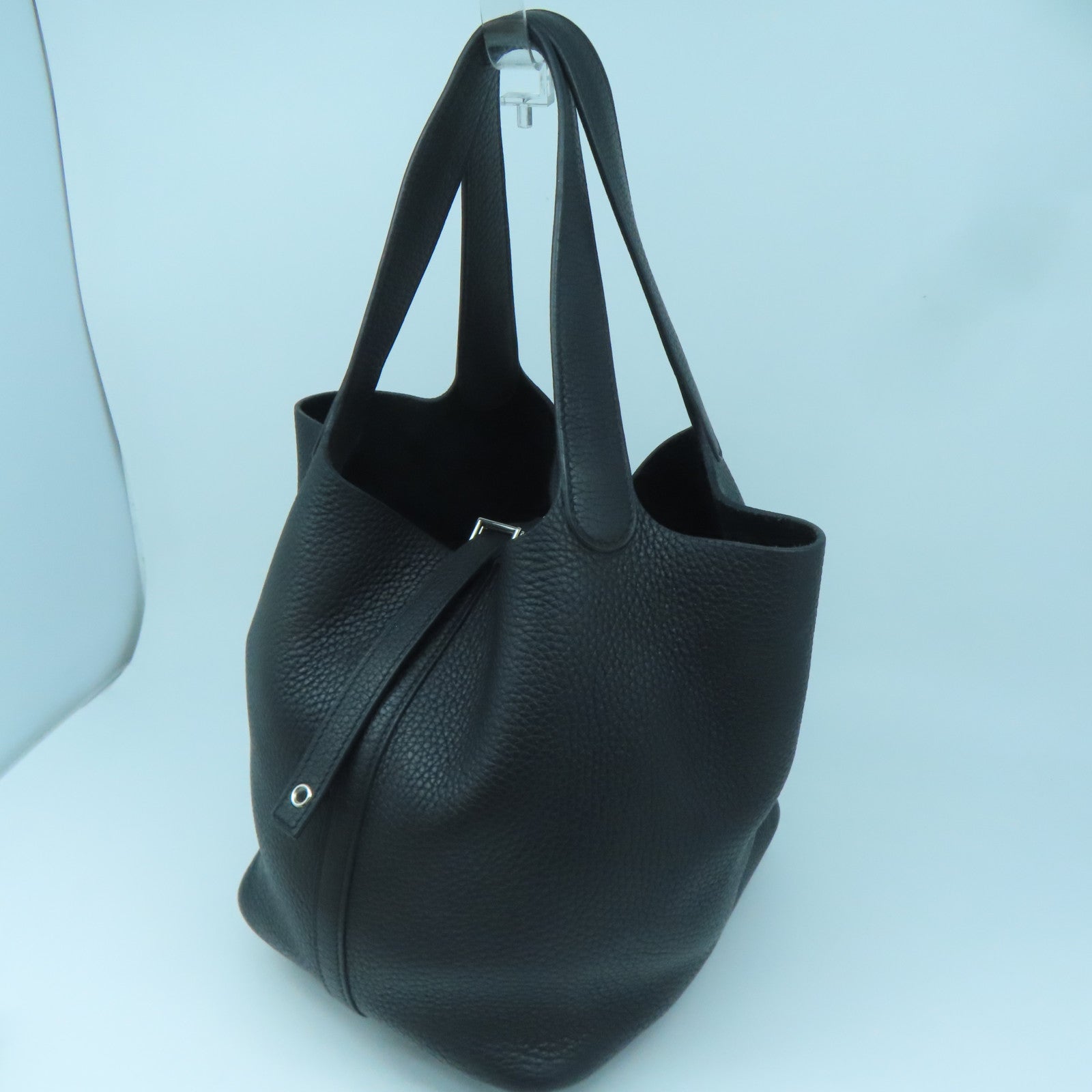 HERMES Clemence Leather Picotin MM Silver Buckle Handle Bag Black