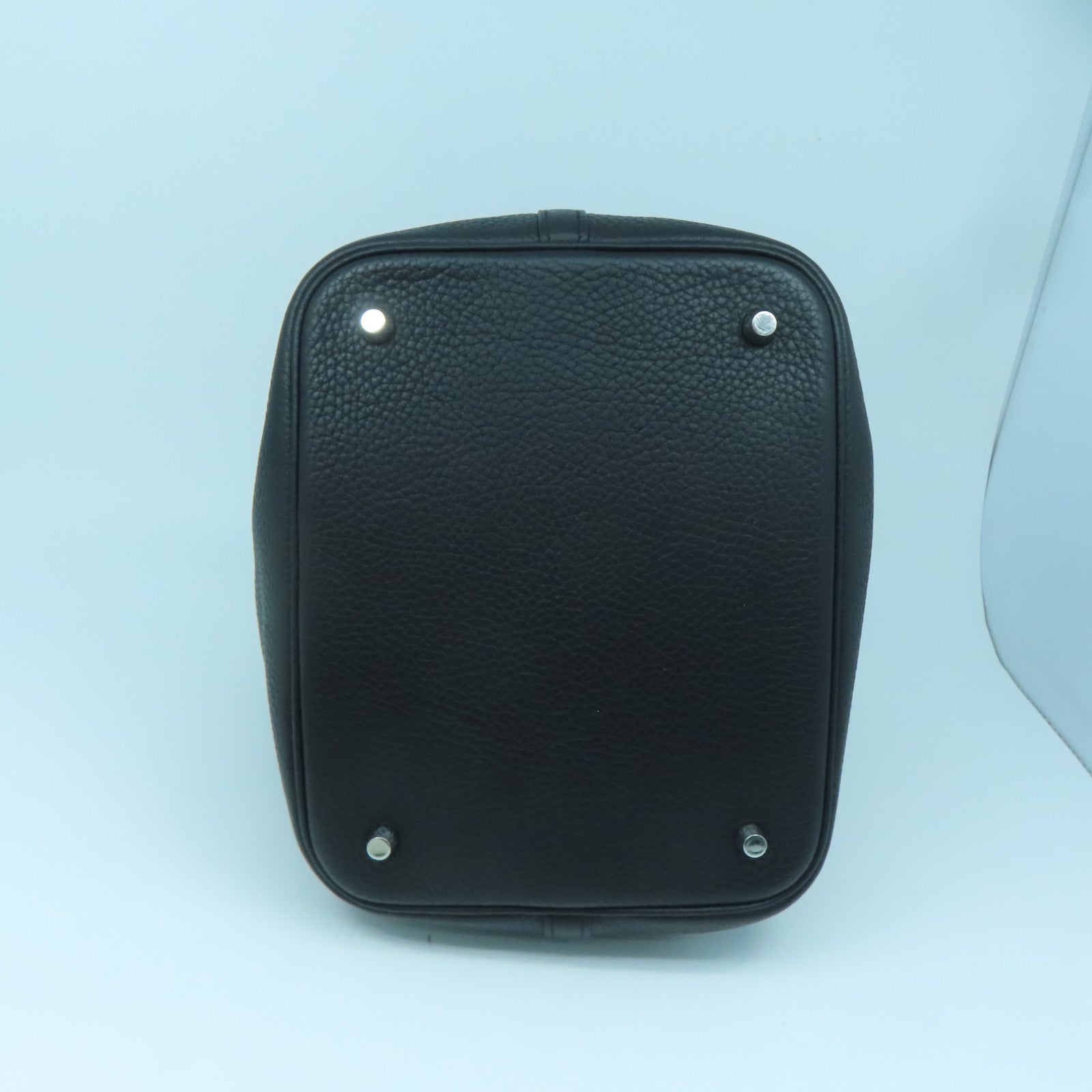 HERMES Clemence Leather Picotin MM Silver Buckle Handle Bag Black