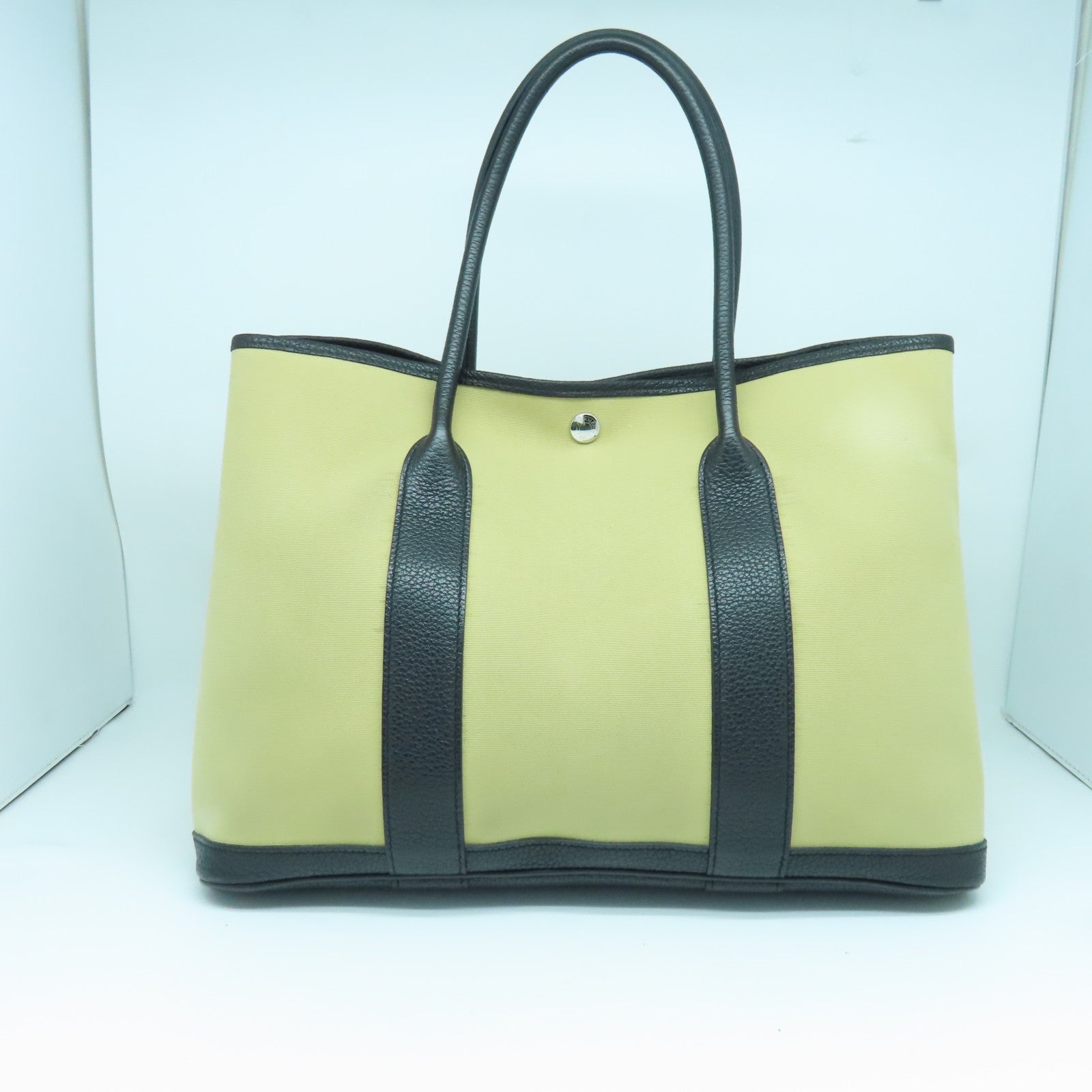 HERMES 帆布Garden Party PM銀扣手挽袋風衣卡其/黑色