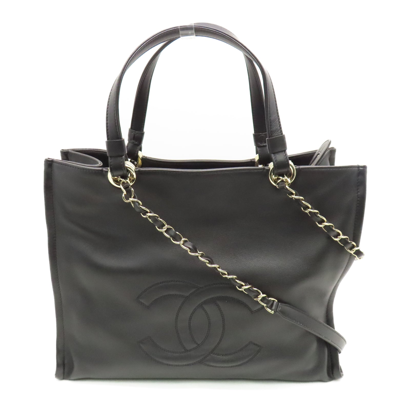 CHANEL 牛皮皮革2 Way Shoulder Handbag金扣链带肩背袋黑色