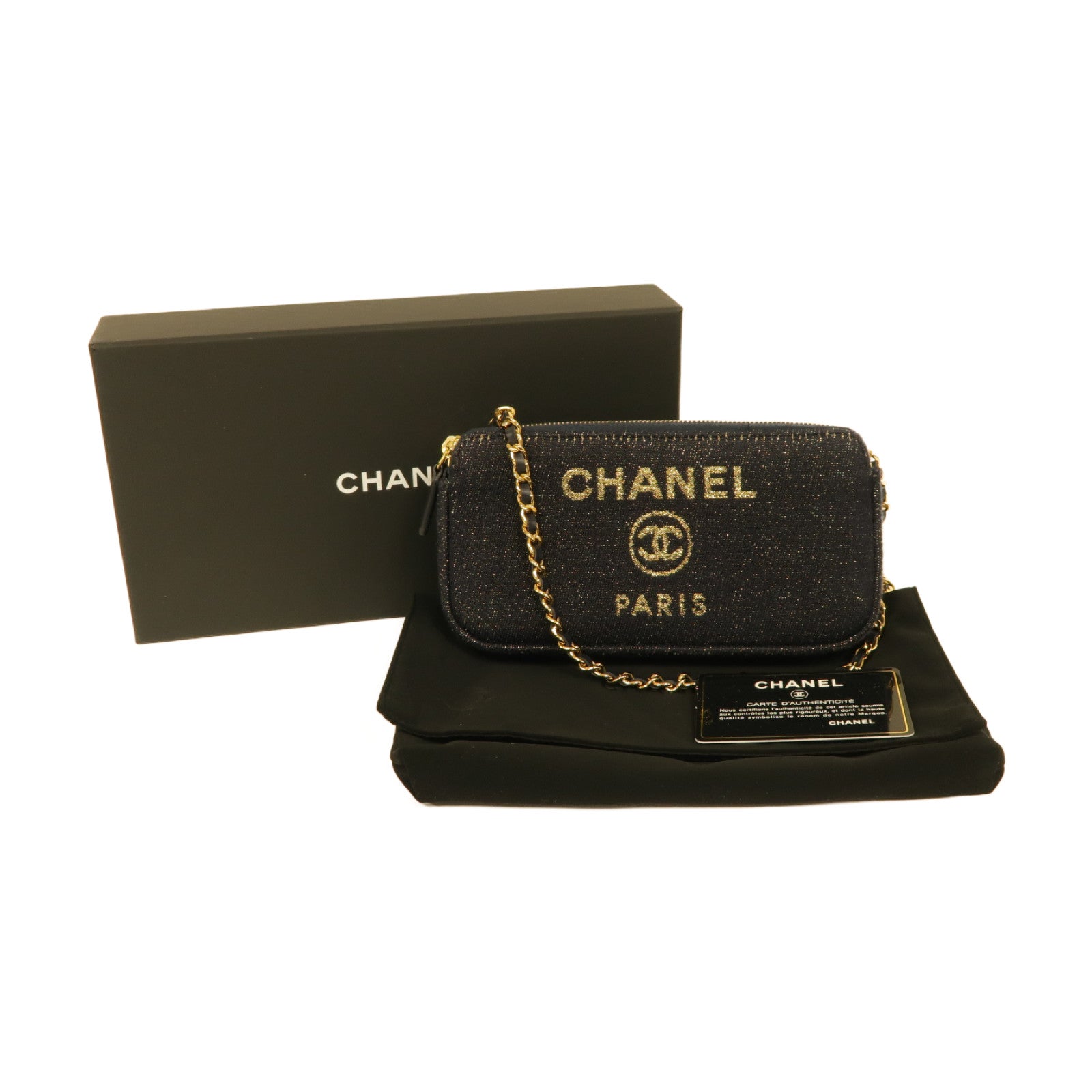 CHANEL 帆布Chain Shoulder Bag金扣鏈帶肩背袋深藍色