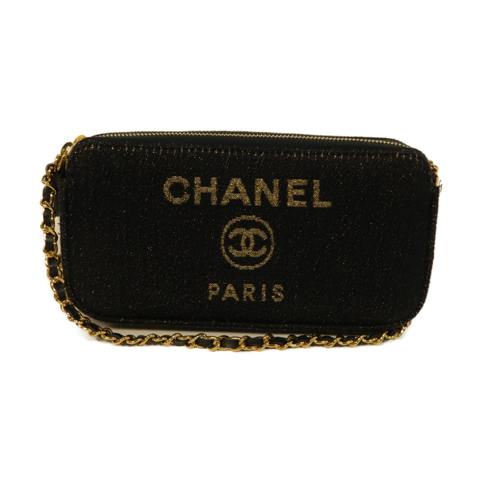 CHANEL 帆布Chain Shoulder Bag金扣鏈帶肩背袋深藍色