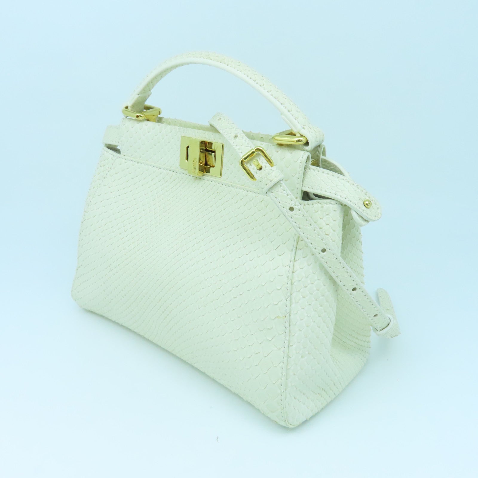 FENDI Snakeskin Leather Mini Peekaboo Gold Buckle Handle Shoulder Bag White
