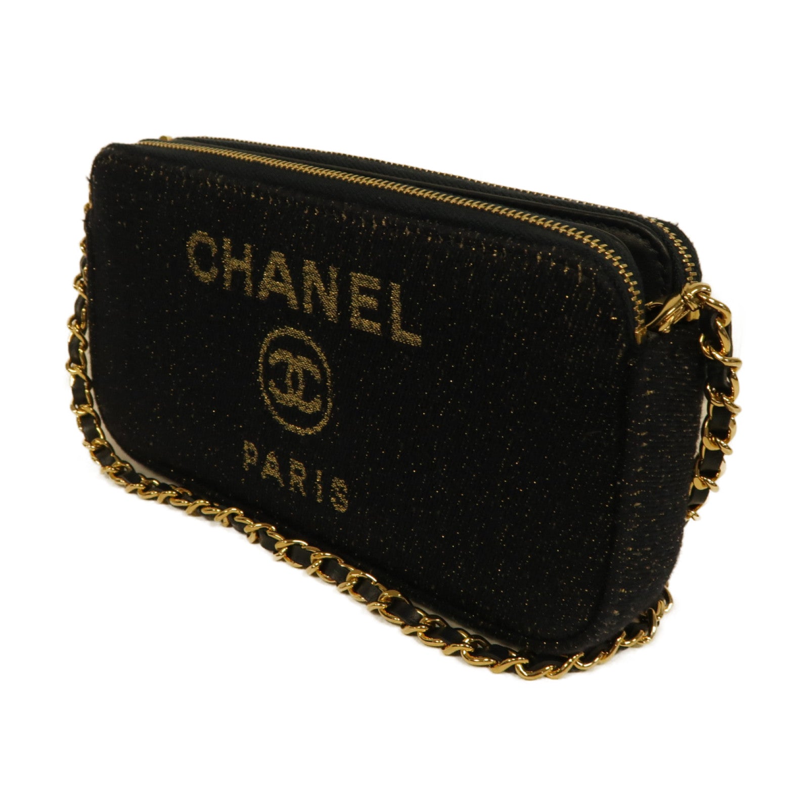 CHANEL 帆布Chain Shoulder Bag金扣鏈帶肩背袋深藍色