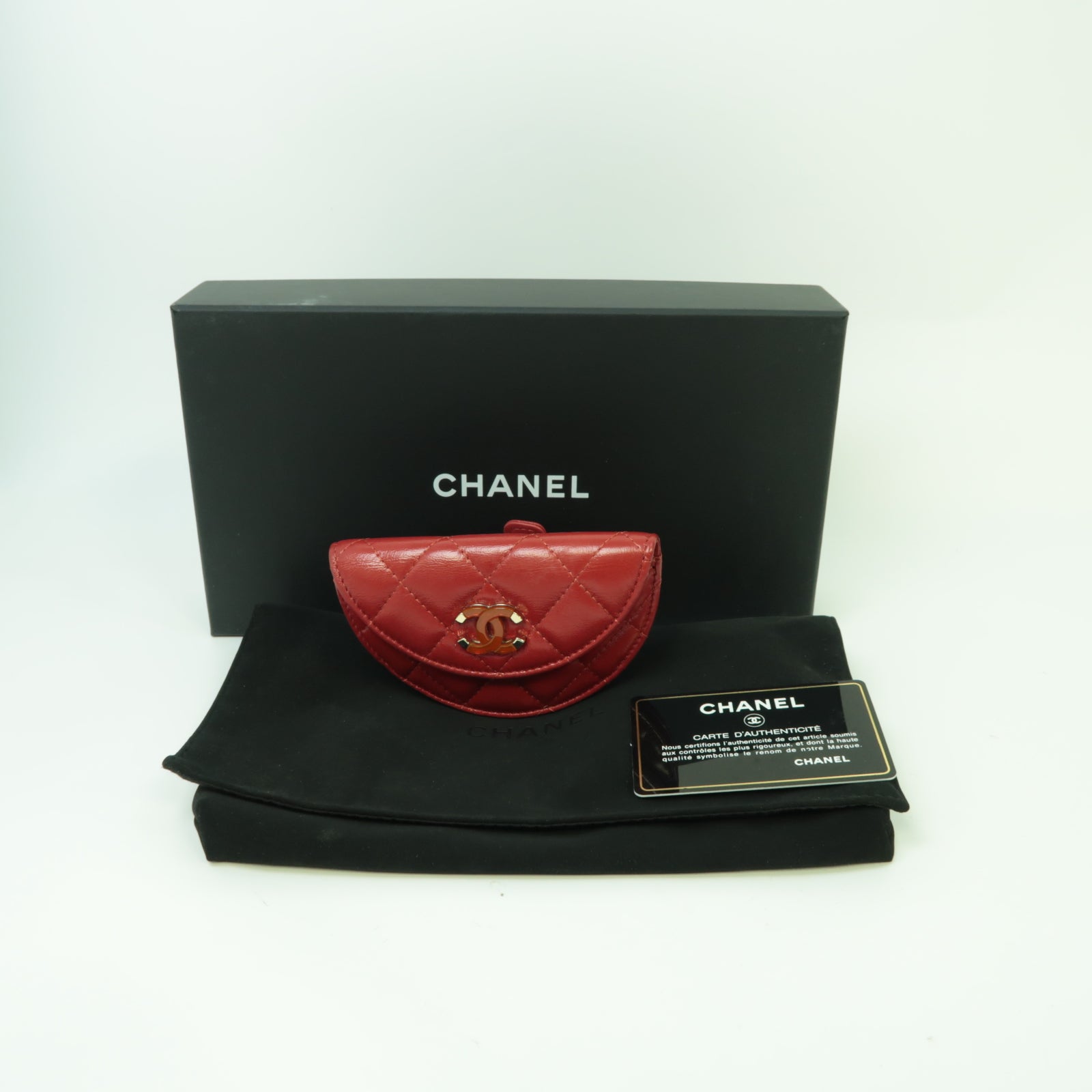 CHANEL 菱格羊皮皮革Coin Case Wristlet金扣零錢包紅色