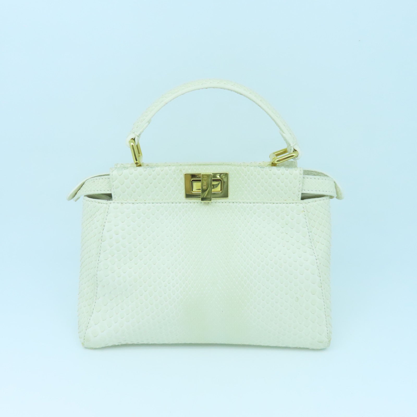 FENDI Snakeskin Leather Mini Peekaboo Gold Buckle Handle Shoulder Bag White