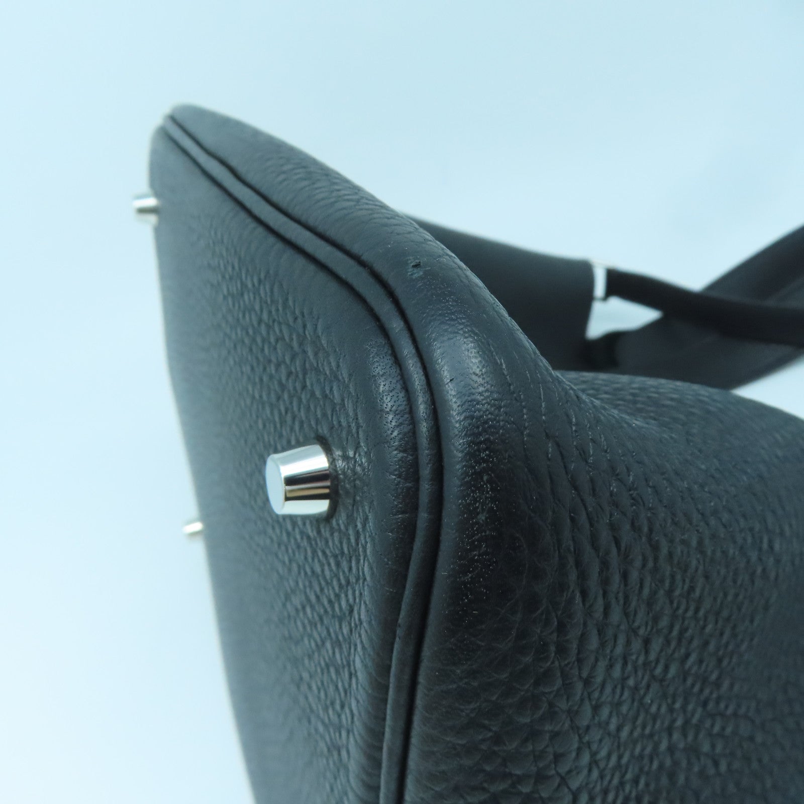 HERMES Clemence Leather Picotin MM Silver Buckle Handle Bag Black