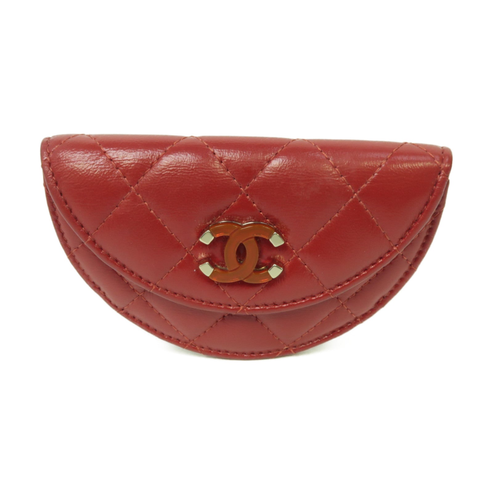 CHANEL 菱格羊皮皮革Coin Case Wristlet金扣零錢包紅色