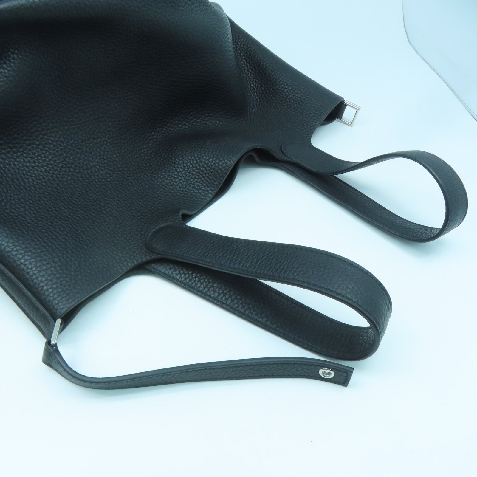 HERMES Clemence Leather Picotin MM Silver Buckle Handle Bag Black