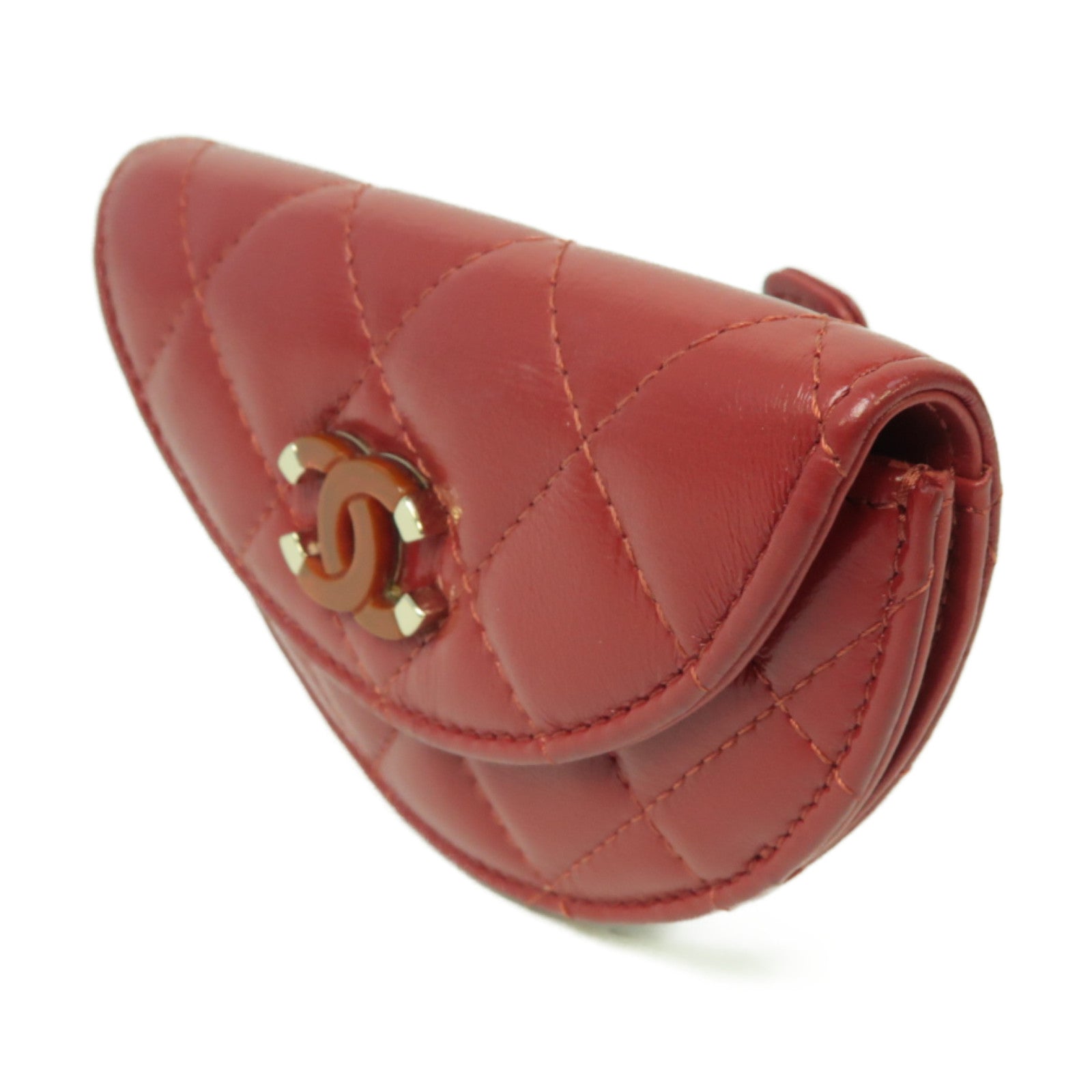CHANEL 菱格羊皮皮革Coin Case Wristlet金扣零錢包紅色
