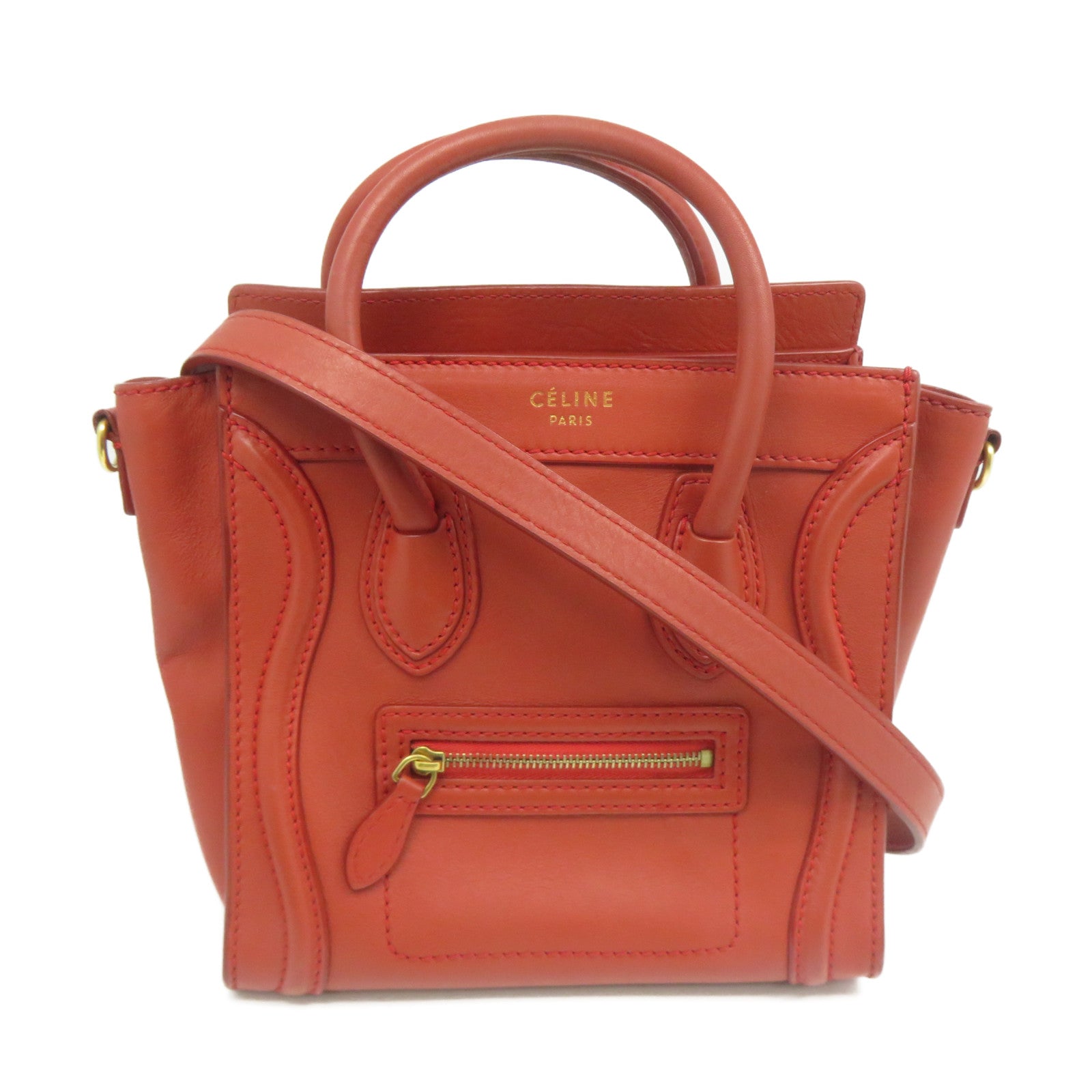 CELINE 牛皮皮革Nano Luggage金扣手挽肩背兩用袋紅色