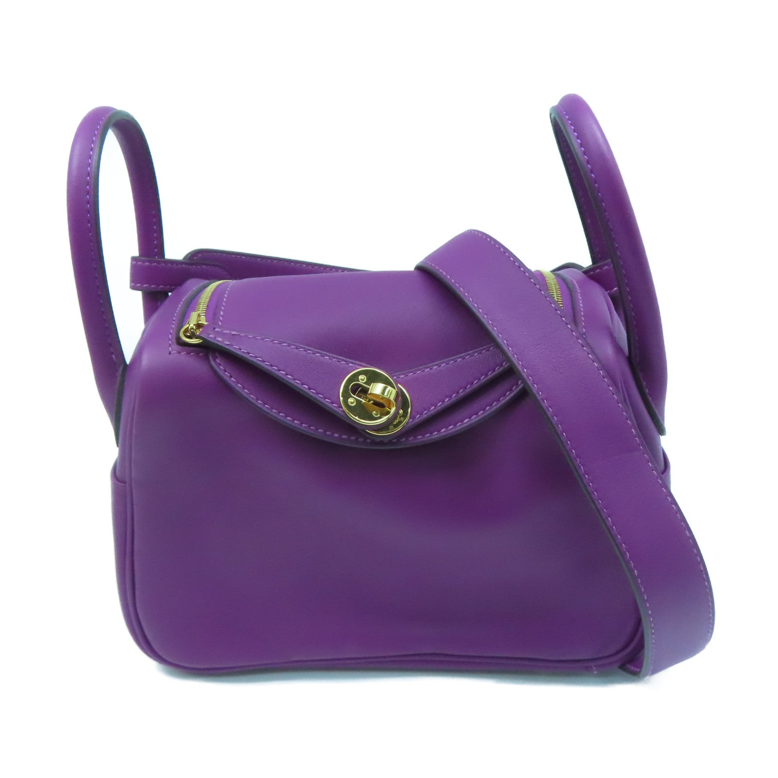 HERMES Swift Leather Mini Lindy Gold Buckle Handle Shoulder Bag Purple