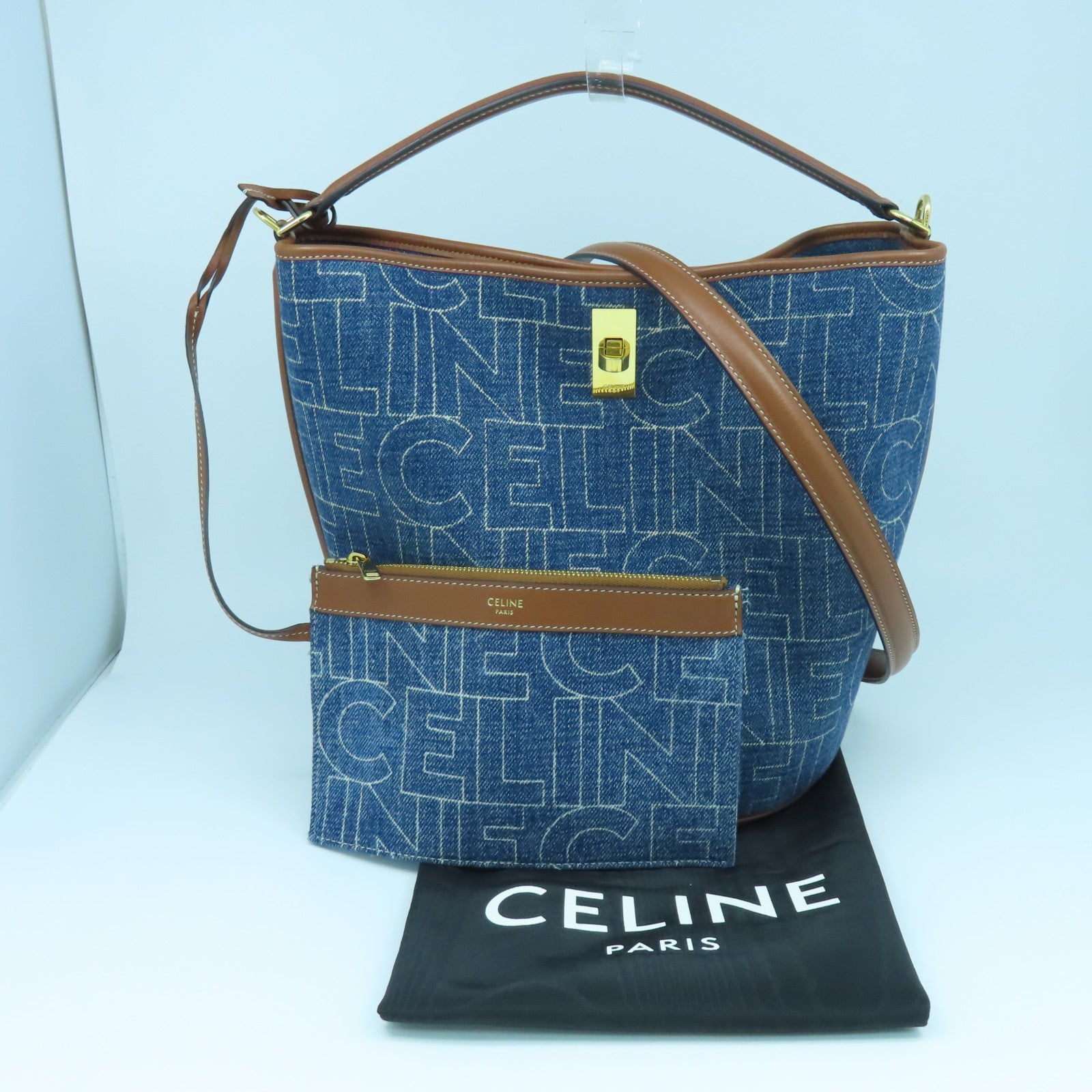 CELINE 【激減優惠】牛仔布/牛皮皮革Bucket 16金扣手挽肩背兩用袋藍色