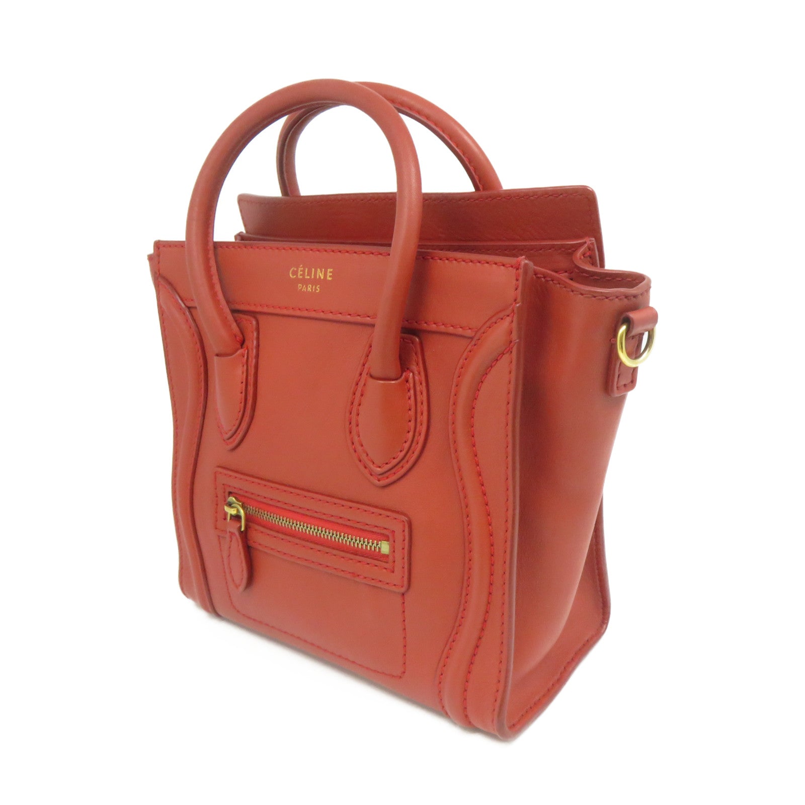 CELINE 牛皮皮革Nano Luggage金扣手挽肩背兩用袋紅色
