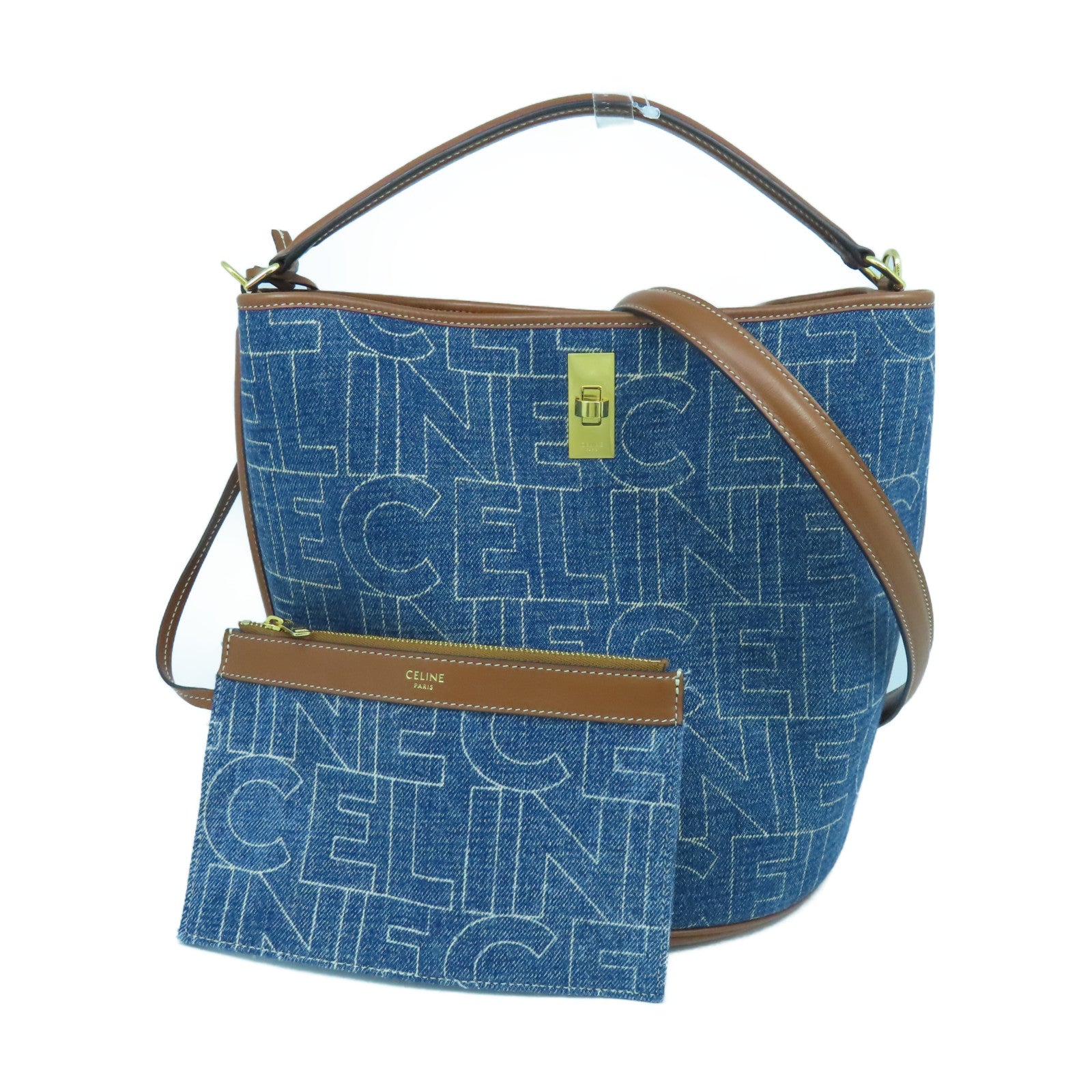 CELINE 【激減優惠】牛仔布/牛皮皮革Bucket 16金扣手挽肩背兩用袋藍色
