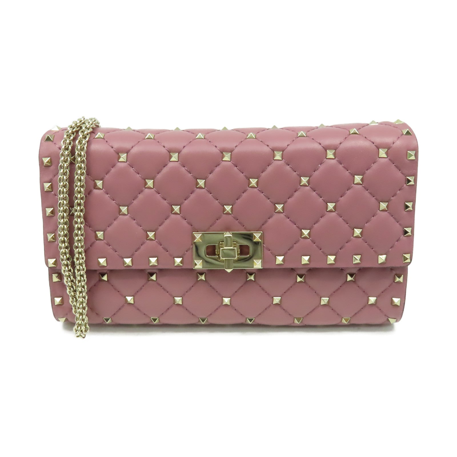 Valentino 牛皮皮革Rock Studs Chain Shoulder Bag金扣鏈帶肩背袋紫粉色